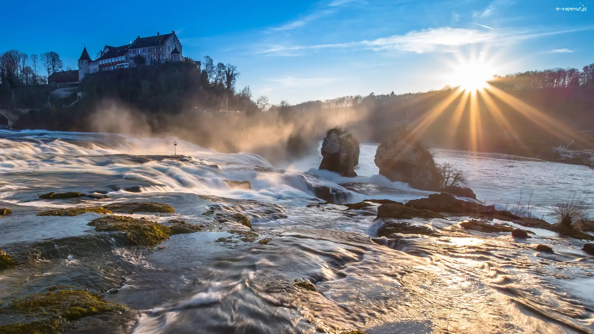 Skała, Promienie słońca, Szwajcaria, Kanton Szafuza, Rzeka Ren, Zamek Laufen, Neuhausen am Rheinfall, Wodospad Rheinfall