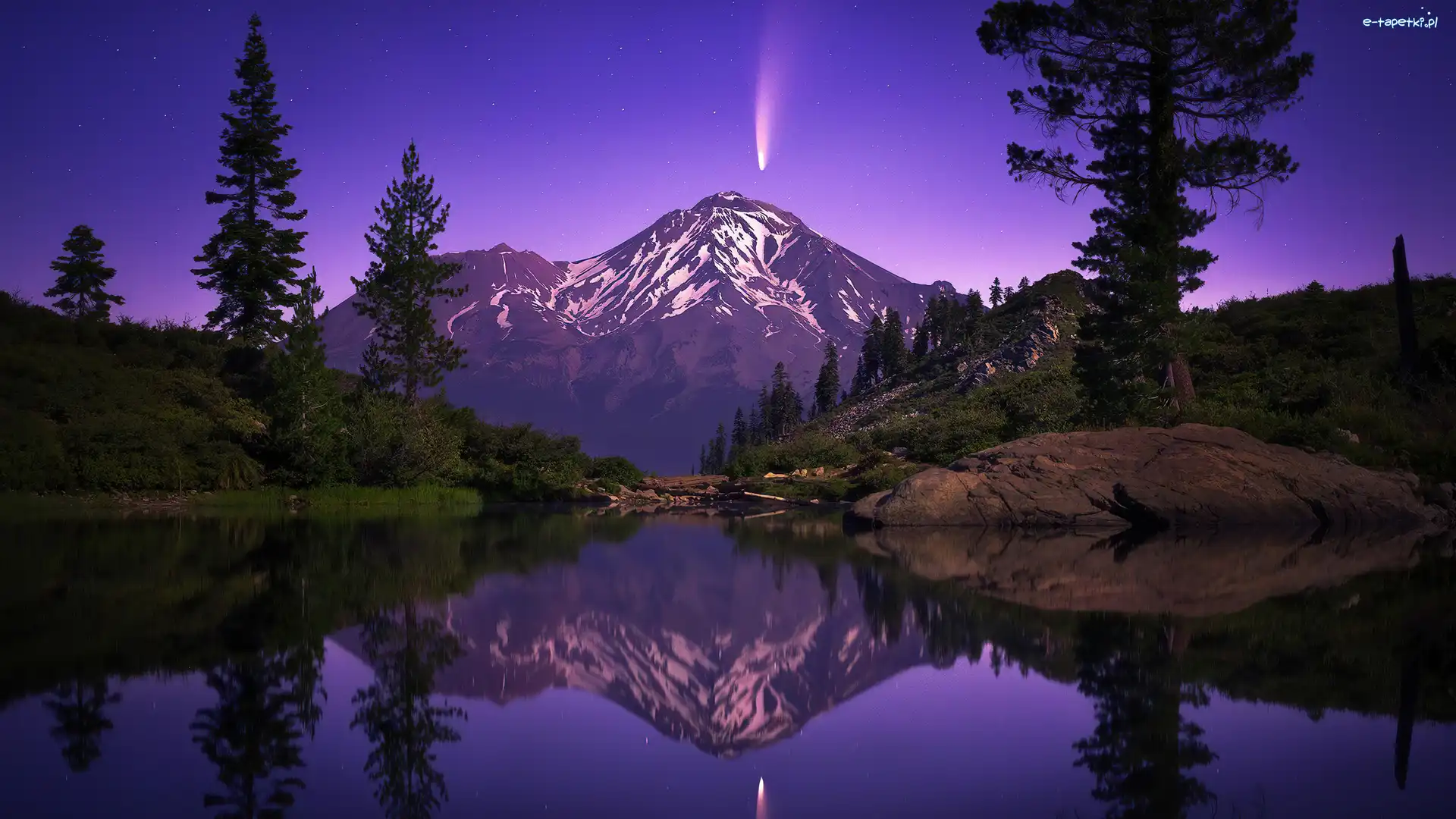 Jezioro, Mount Shasta, Stany Zjednoczone, Kalifornia, Stratowulkan, Noc, Kometa, Góra