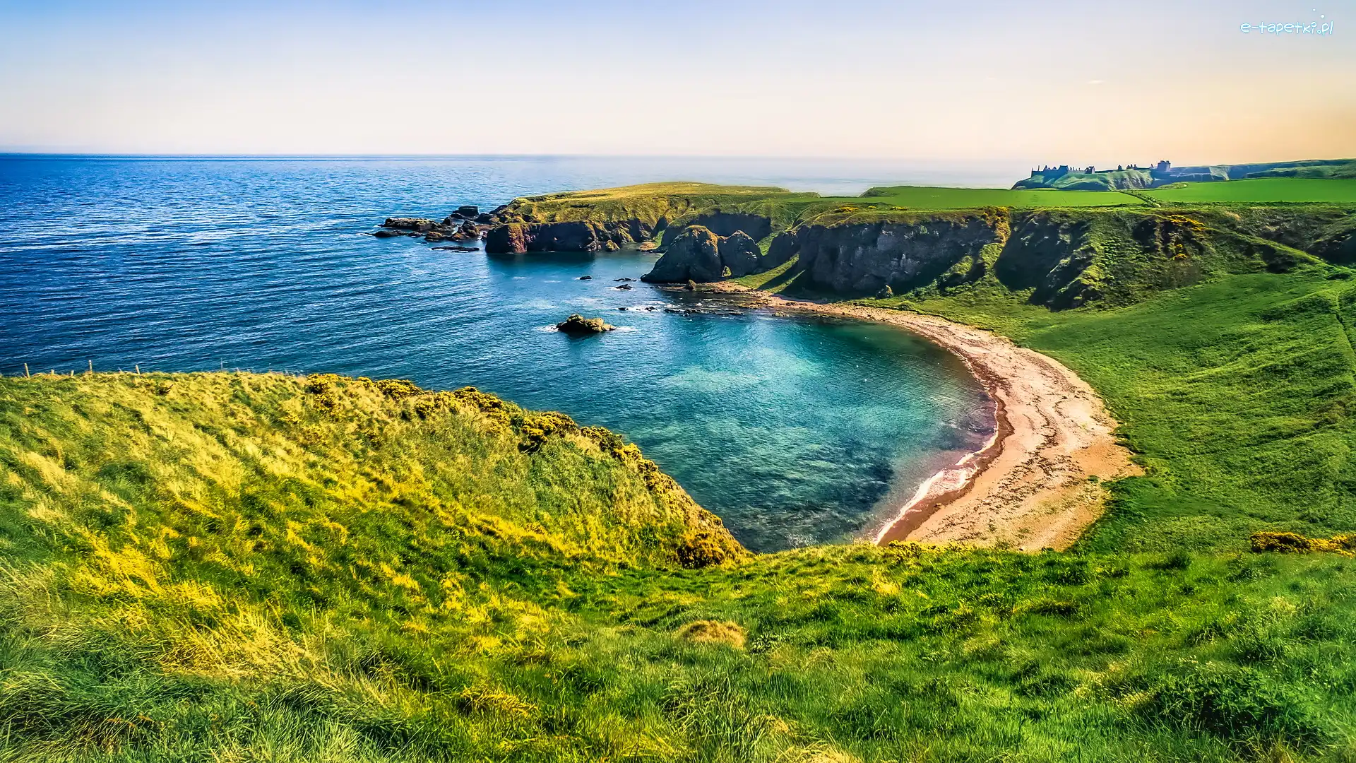 Zatoka, Skały, Szkocja, Stonehaven, Wybrzeże, Plaża, Łąki, Morze