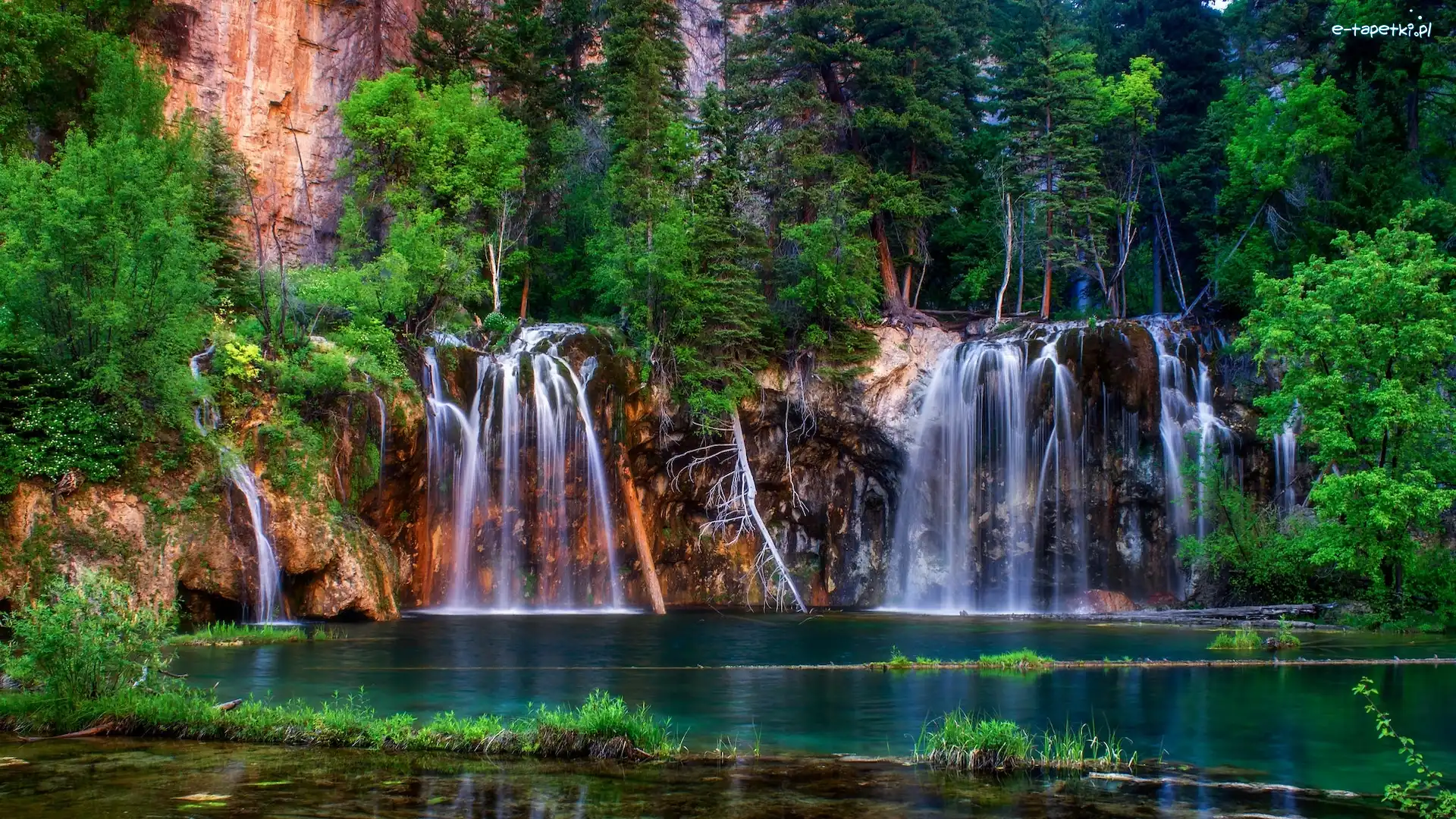 Drzewa, Stan Kolorado, Zieleń, Rzeka, Wodospad, Hanging Lake, Wiszące Jezioro, Stany Zjednoczone, Glenwood Canyon, Skały