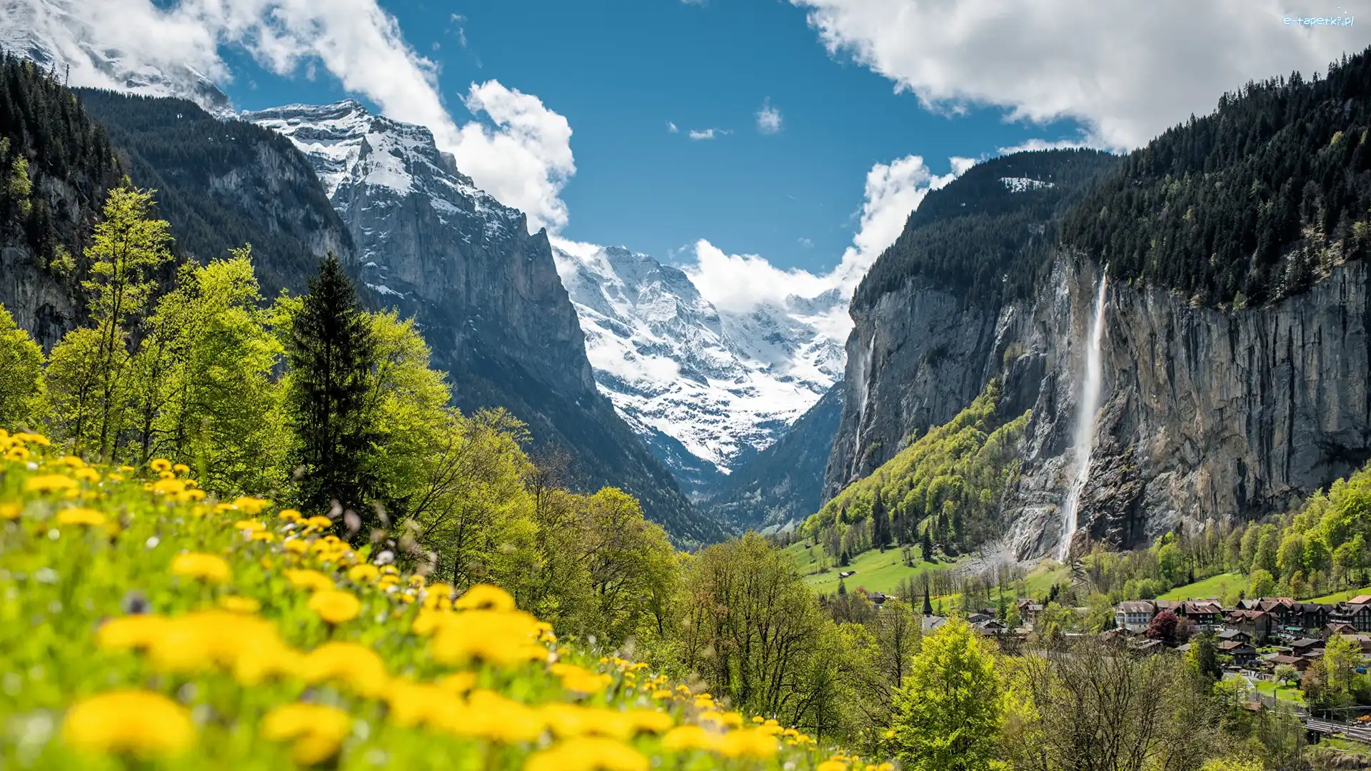 Chmury, Kwiaty, Alpy, Wodospad, Lauterbrunnen, Kanton Bern, Drzewa, Staubbachfall, Dolina Lauterbrunnental, Szwajcaria, Domy, Góry