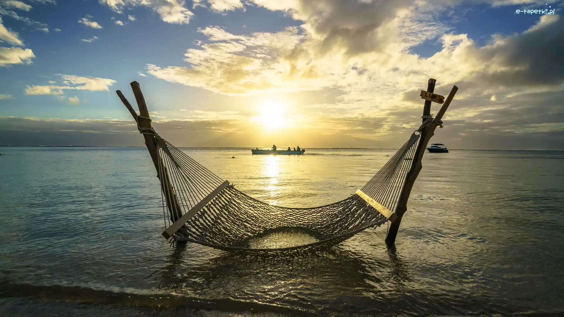 Hamak, Zachód słońca, Mauritius, Brabant, Łódki, Plaża, Le Morne Beach, Morze