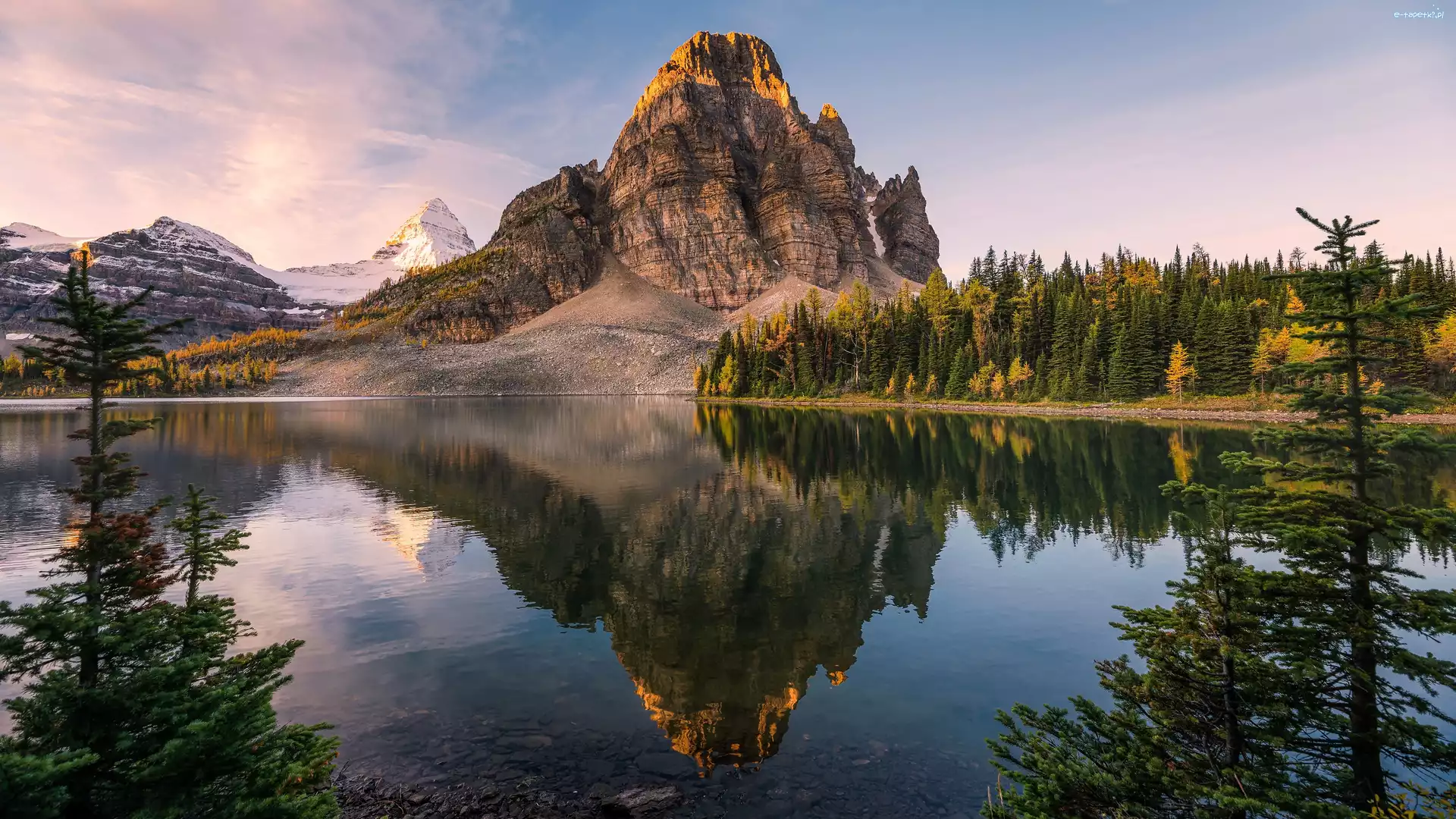 Góry, Prowincja Alberta, Wschód słońca, Drzewa, Jezioro Sunburst, Mount Assiniboine, Lasy, Kanada