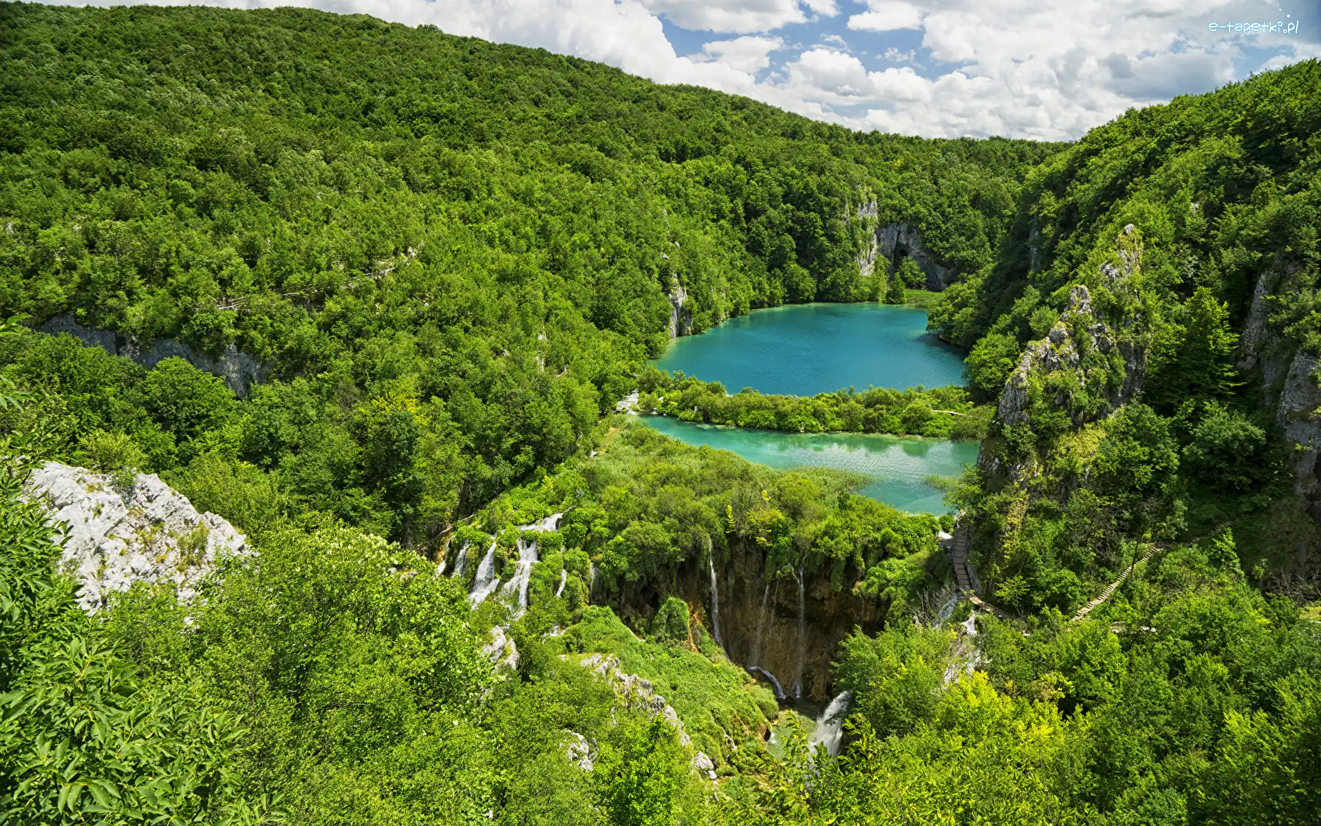 Drzewa, Wodospady, Chorwacja, Chmury, Jeziora, Lasy, Zieleń, Park Narodowy Jezior Plitwickich