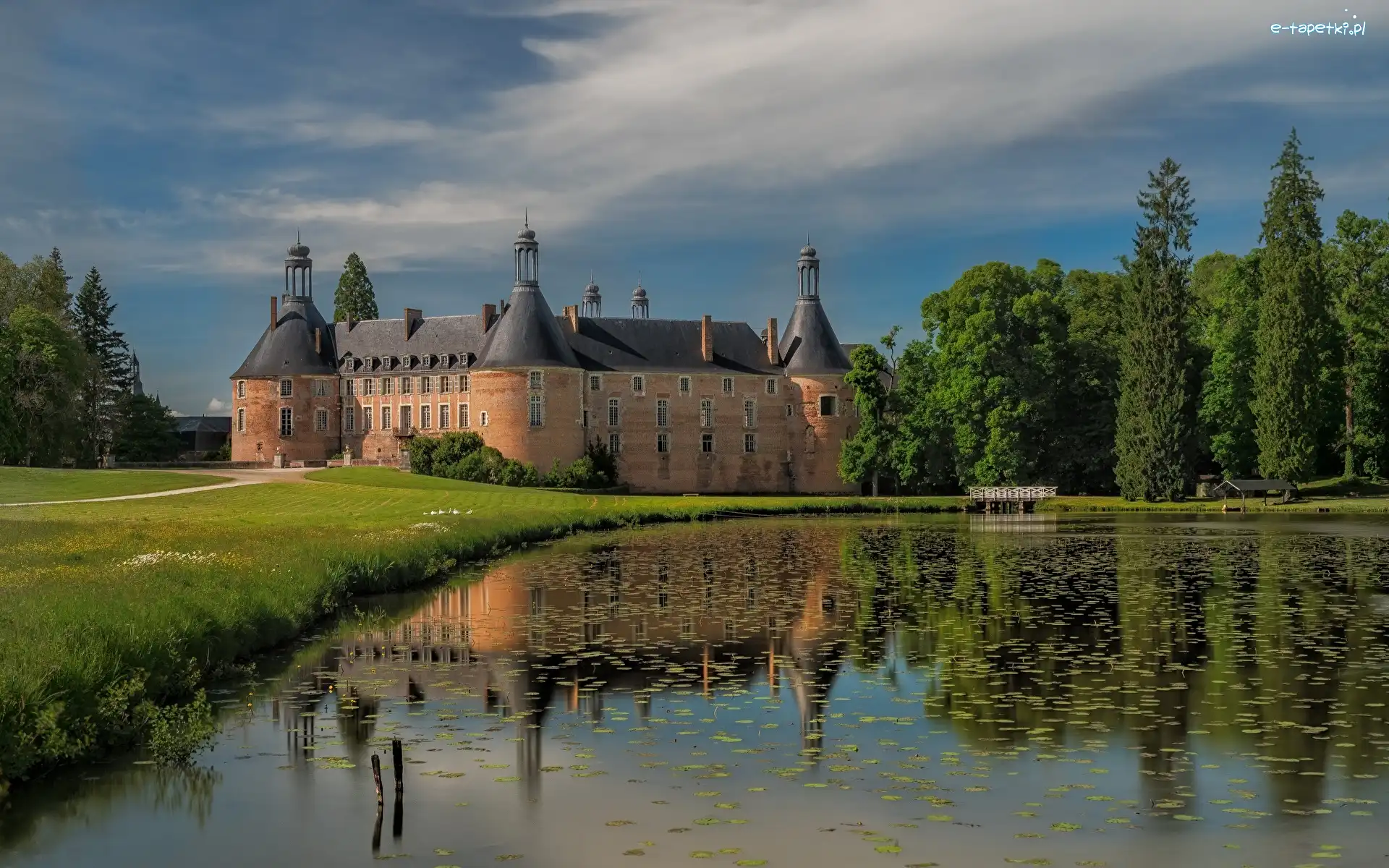 Chmury, Zamek, Francja, Zieleń, Staw, Odbicie, Drzewa, Park, Castle Saint Fargean, Burgundia