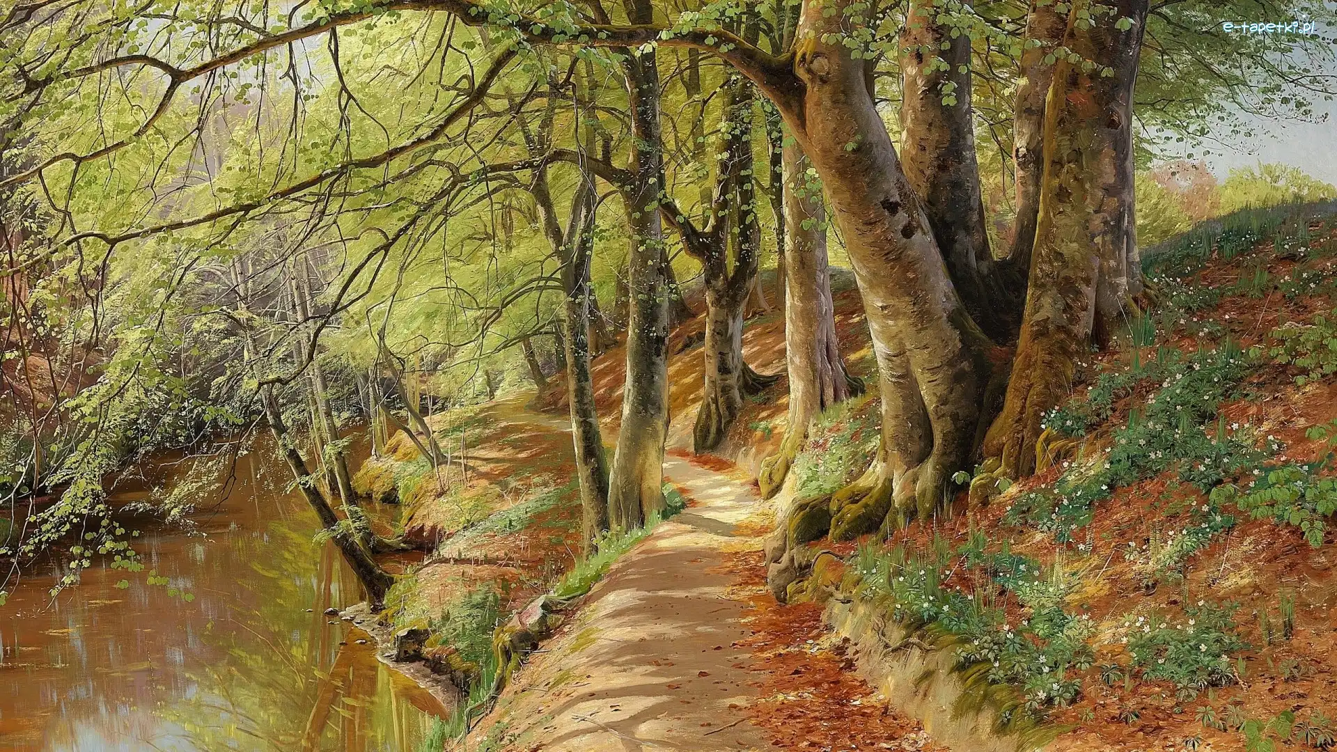 Ścieżka, Las, Drzewa, Malarstwo, Peder Mork Monsted, Kwiaty, Rzeka