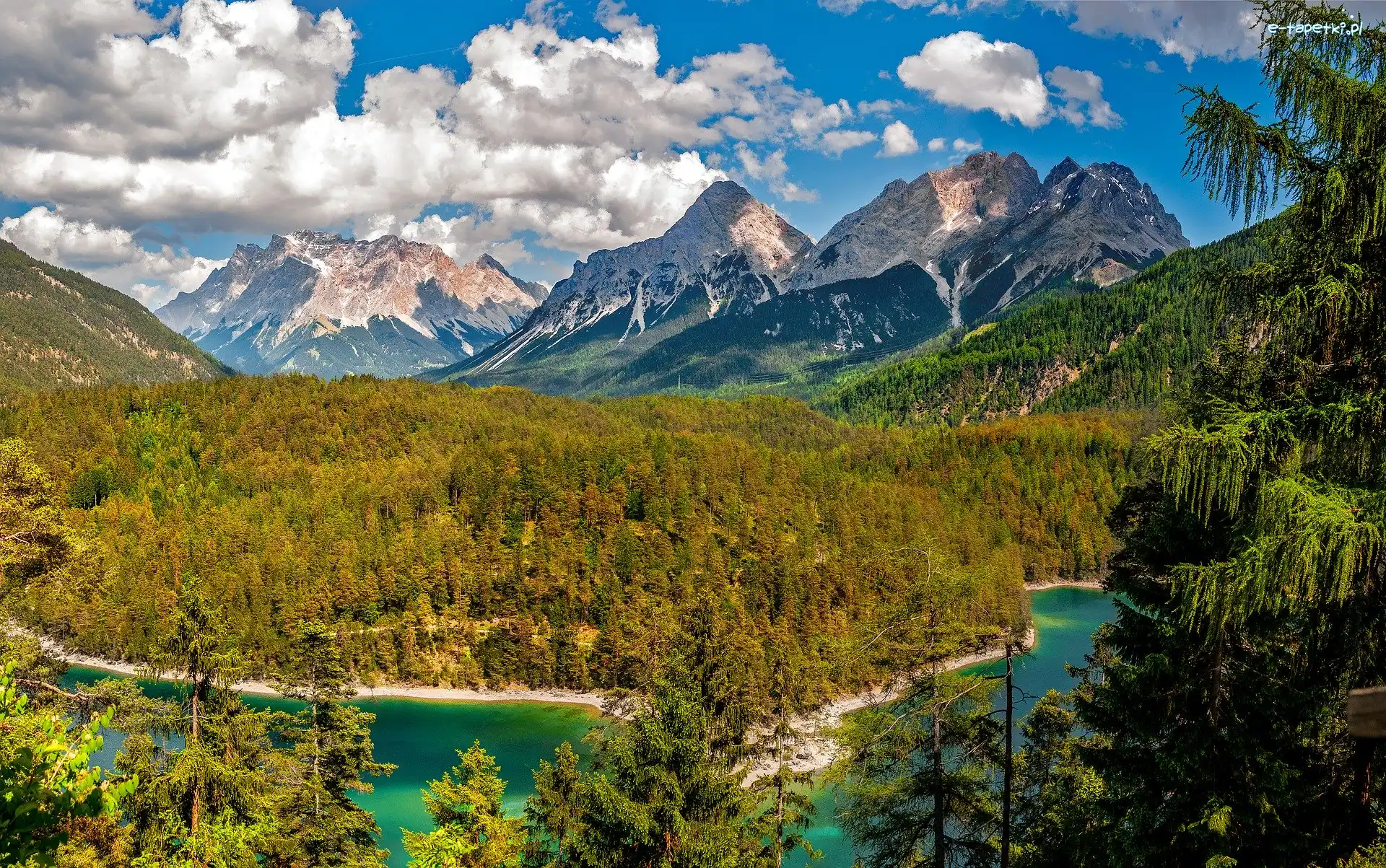 Lasy, Alpy, Austria, Tyrol, Jezioro Blindsee, Drzewa, Chmury, Góry