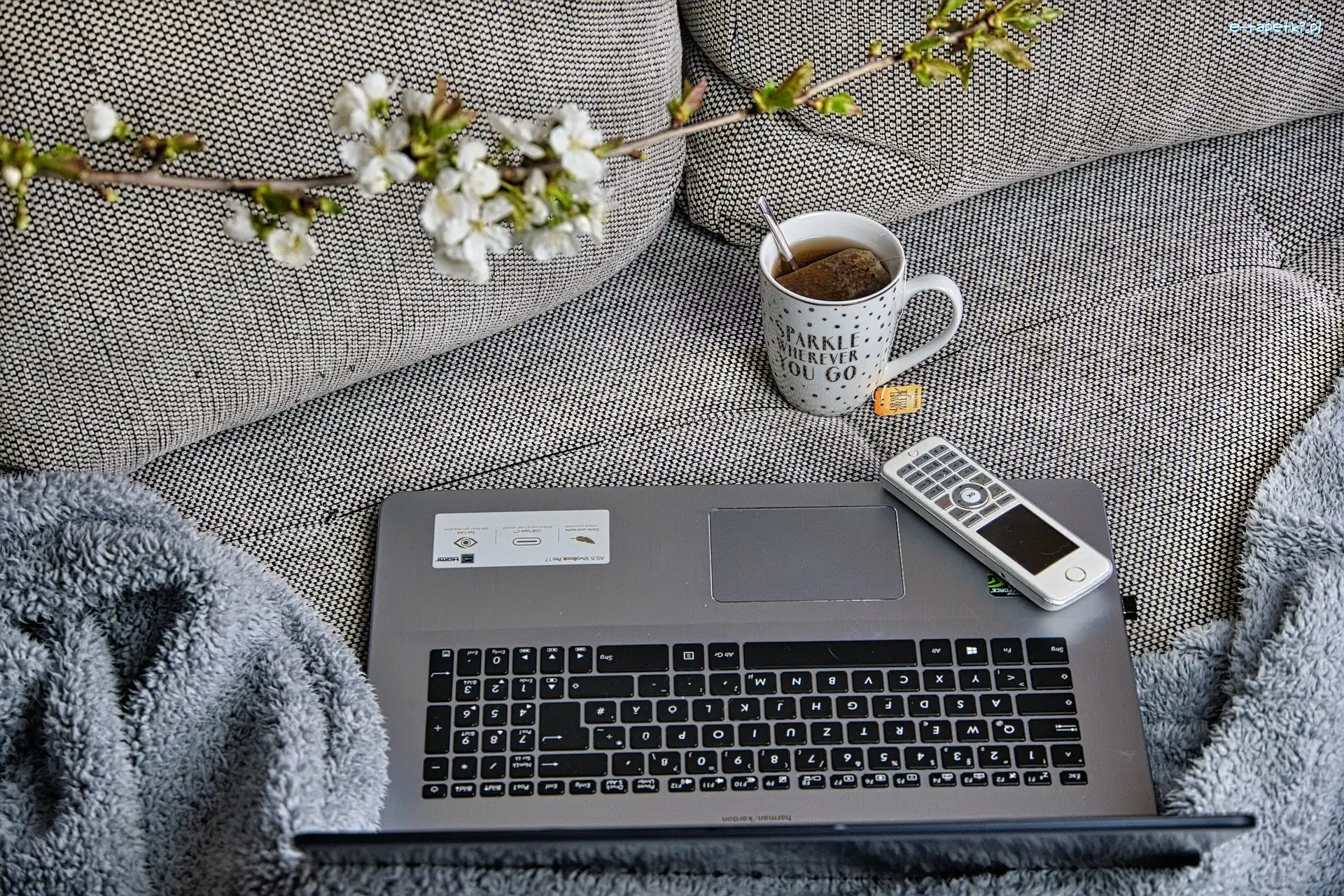 Herbata, Laptop, Kubek, Koc, Kanapa