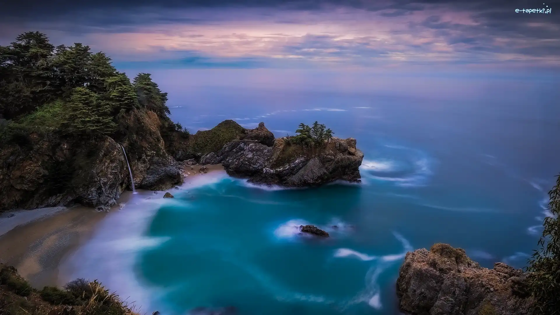Plaża, Zatoka, Park Stanowy Julia Pfeiffer Burns, Góry Santa Lucia, Wybrzeże Big Sur, Stany Zjednoczone, Kalifornia, Wodospad McWay Falls, Skały