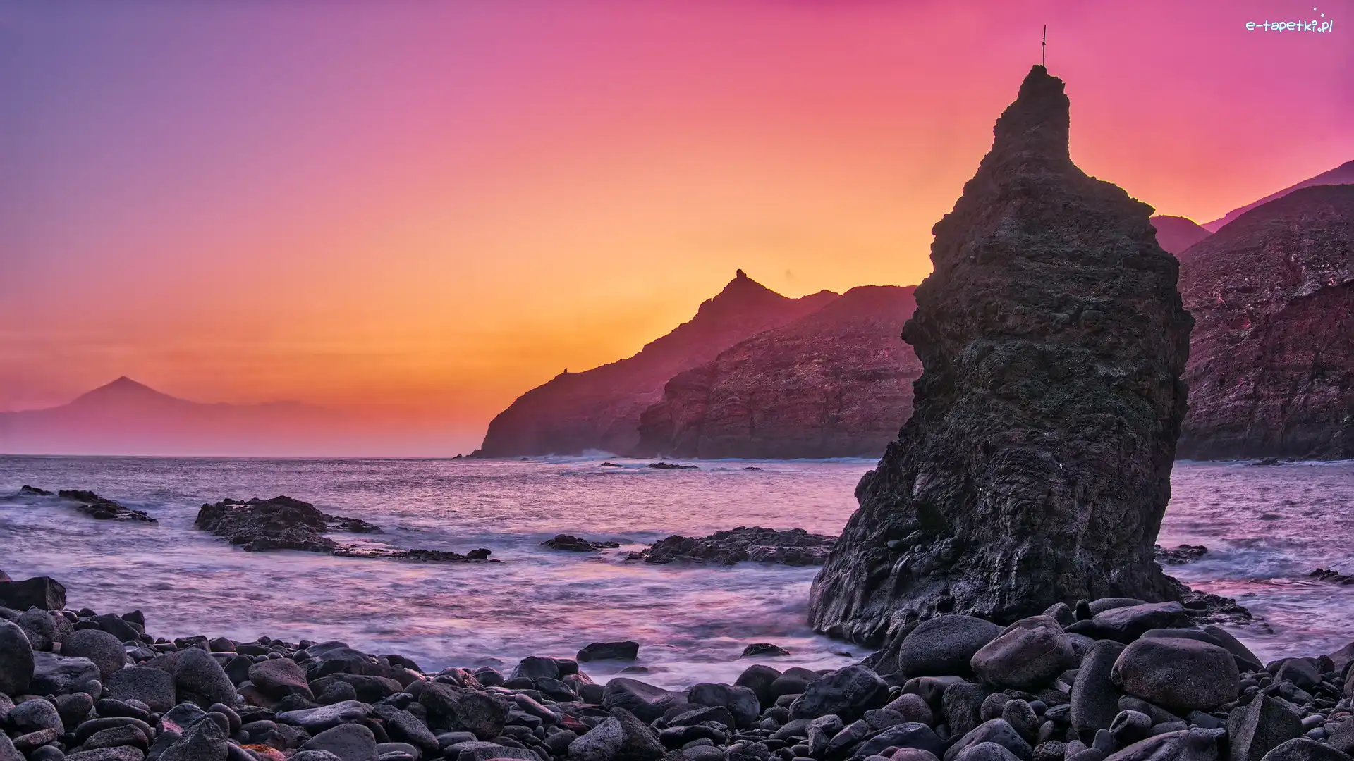 Playa de Caleta, Kamienie, Wybrzeże, Morze, Wschód słońca, Hiszpania, Wyspy Kanaryjskie, Skały, La Gomera