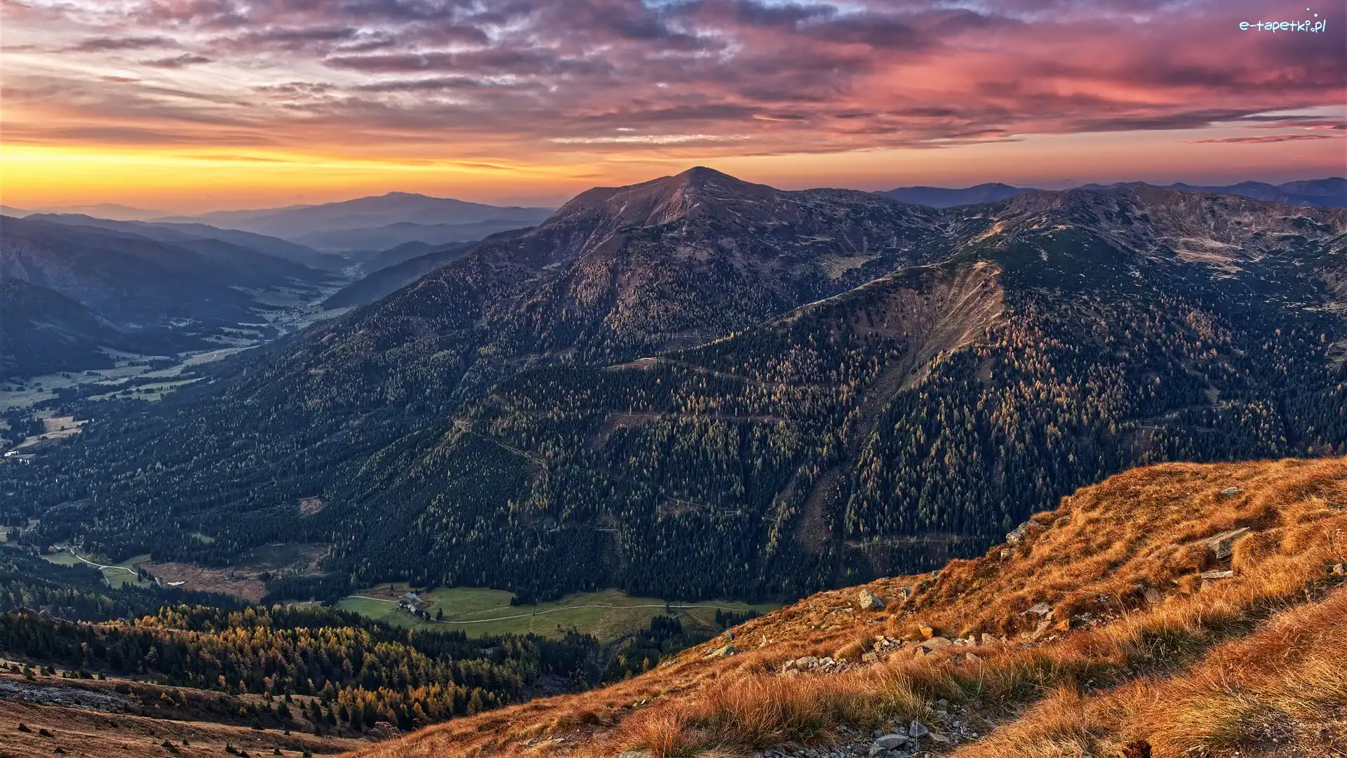 Góra Bruderkogel, Góry, Austria, Trawa, Alpy, Doliny, Las, Zachód słońca