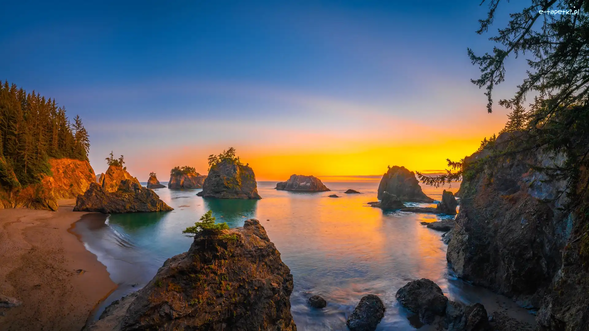 Wybrzeże, Drzewa, Morze, Secret Beach, Plaża, Stany Zjednoczone, Oregon, Skały, Zachód słońca