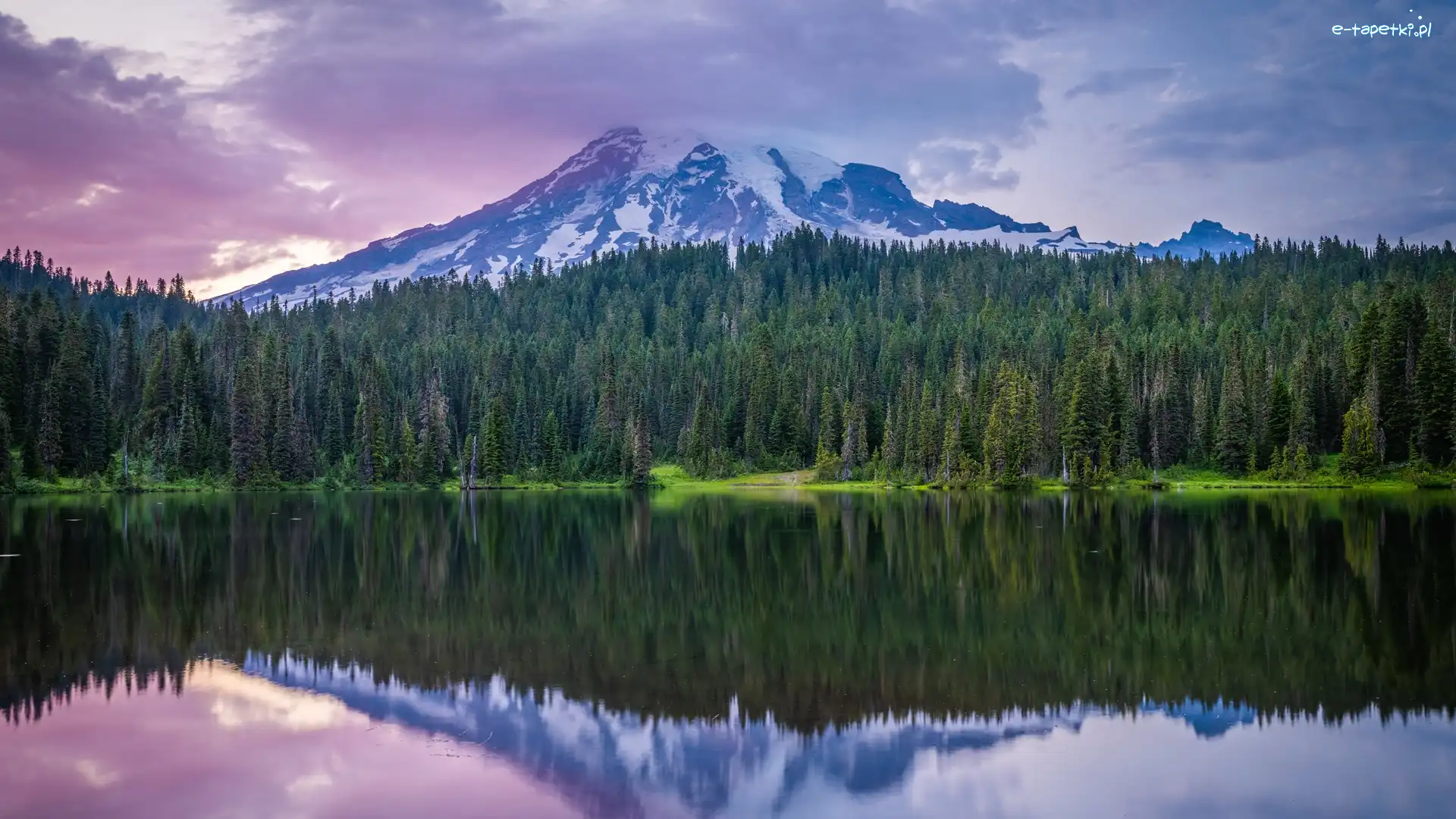 Stany Zjednoczone, Jezioro, Drzewa, Góry, Park Narodowy Mount Rainier, Stan Waszyngton, Chmury