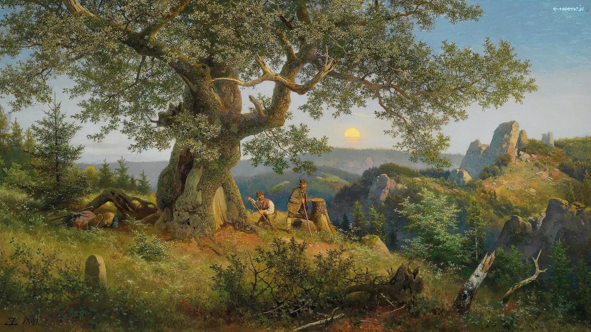 Wzgórze, Eduard Leonhardi, Mężczyźni, Drzewo, Obraz, Malarstwo