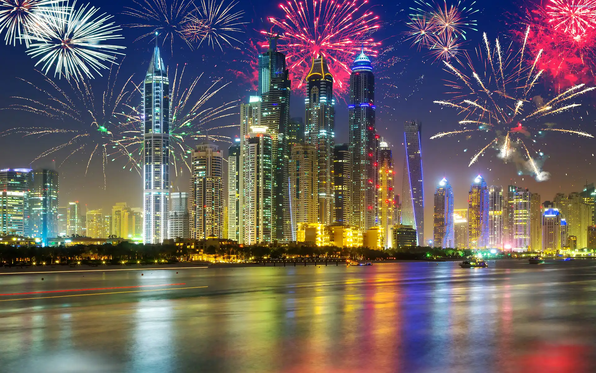 Noc, Zjednoczone Emiraty Arabskie, Dubaj, Fajerwerki, Wieżowce
