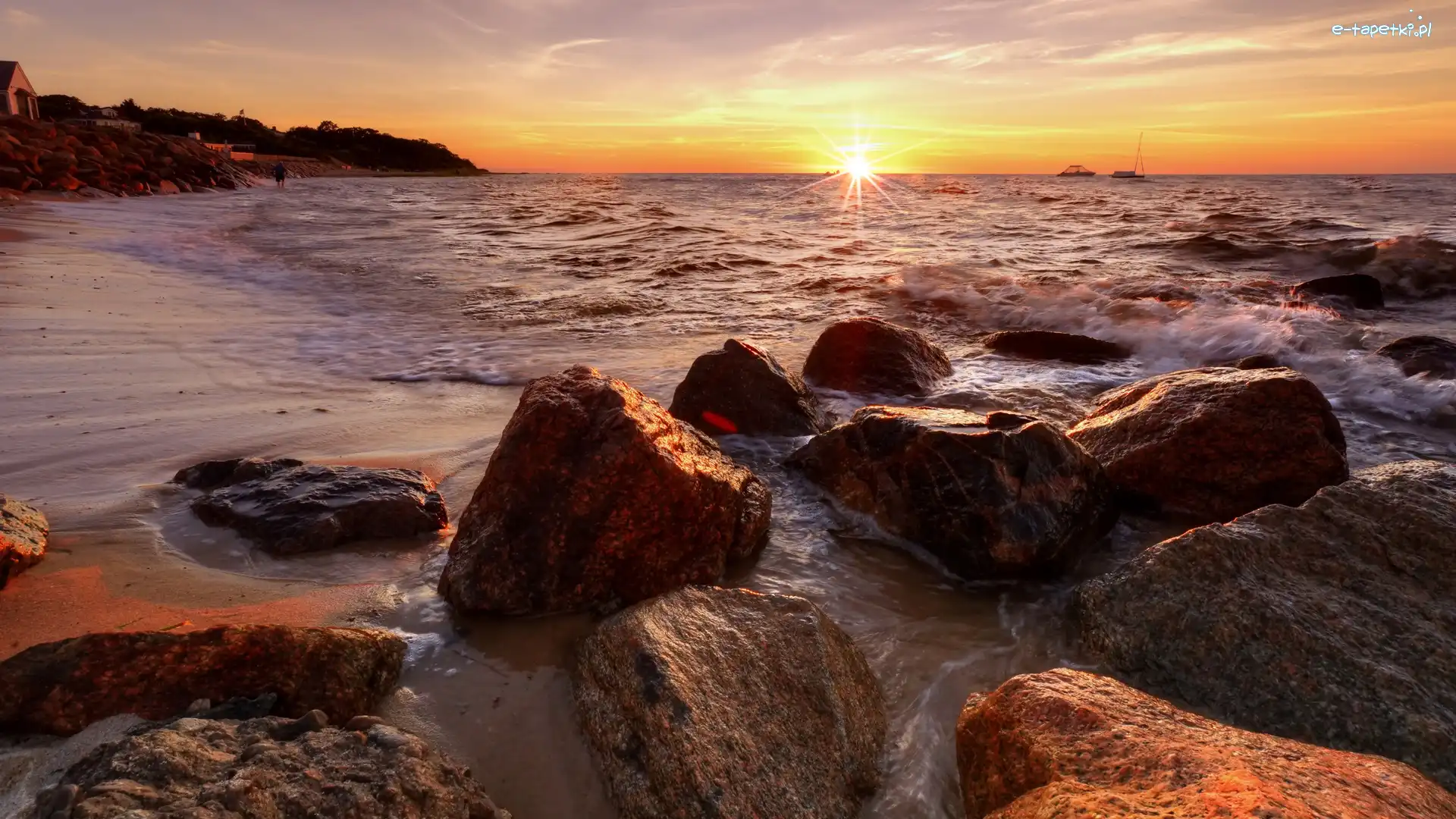 Zachód słońca, Breakwater Beach, Kamienie, Fale, Morze, Stany Zjednoczone, Massachusetts, Plaża, Brewster