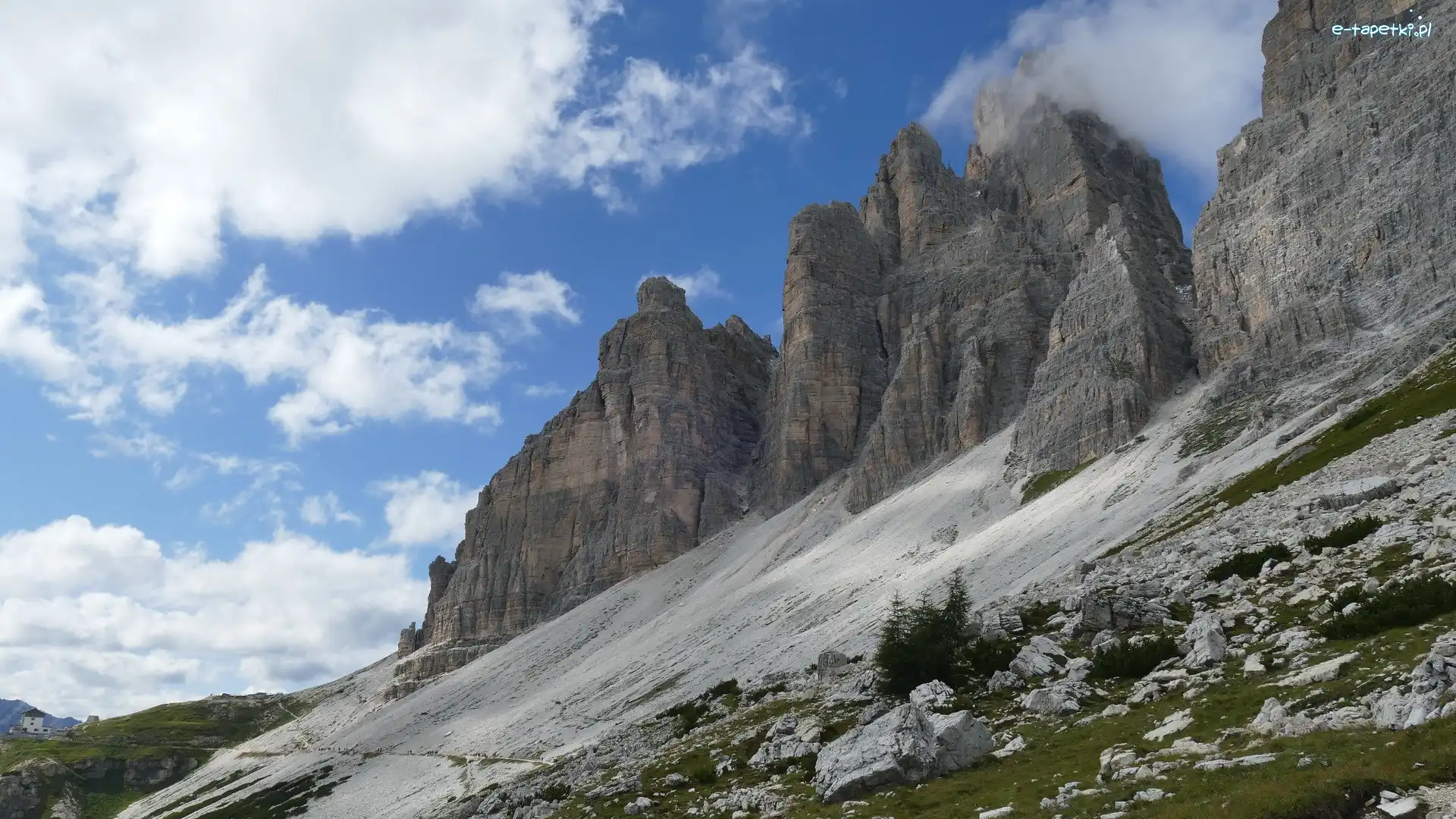 Włochy, Kamienie, Drzewa, Skały, Góry, Tre Cime di Lavaredo, Dolomity