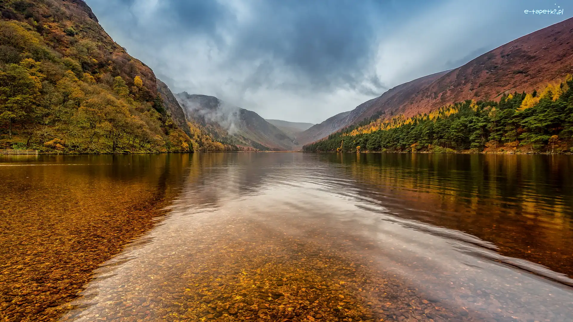 Jezioro, Lasy, Irlandia, Dolina Glendalough, Drzewa, Upper Lake, Góry Wicklow, Jesień