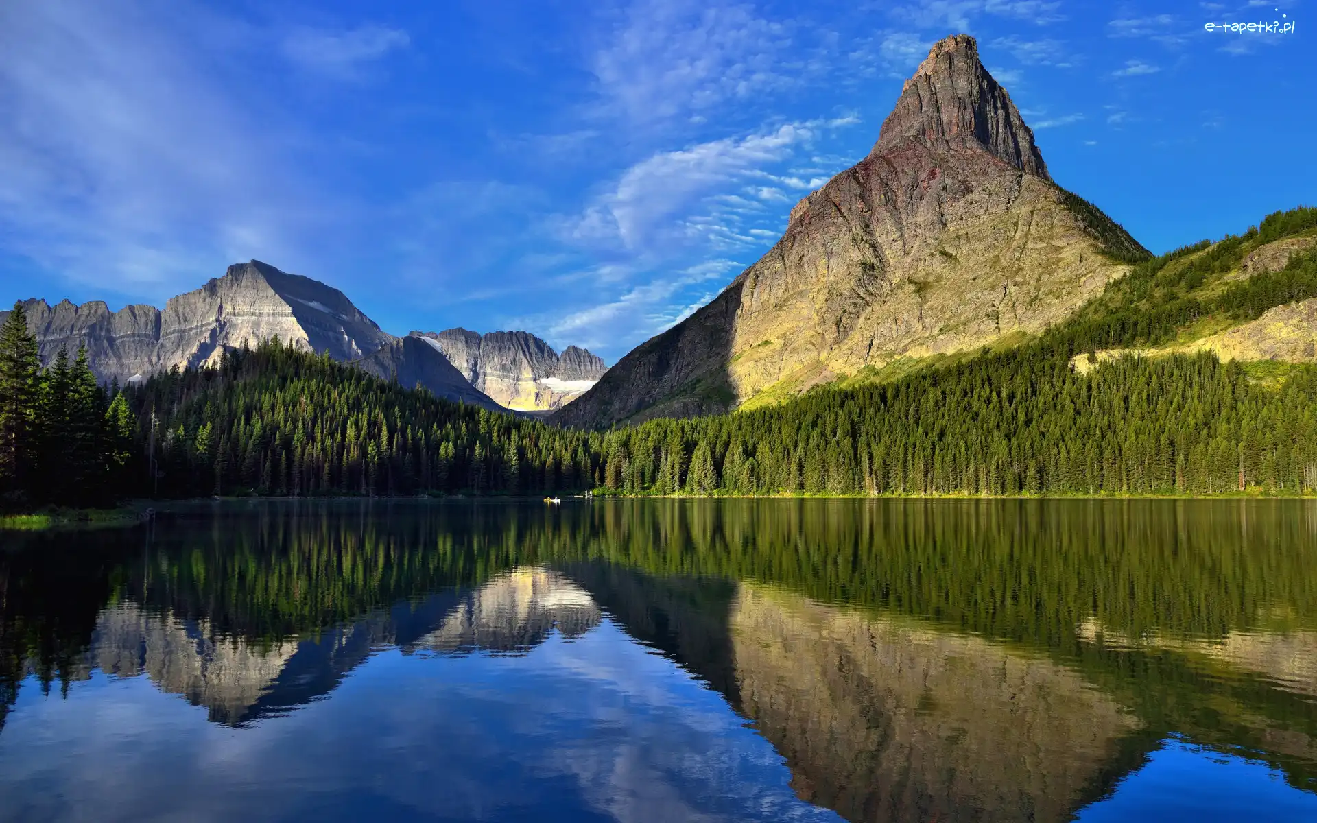 Grinnell Mountain, Góry, Stany Zjednoczone, Góra, Niebo, Park Narodowy Glacier, Lewis Range, Swiftcurrent Lake, Montana, Jezioro, Lasy, Odbicie, Drzewa