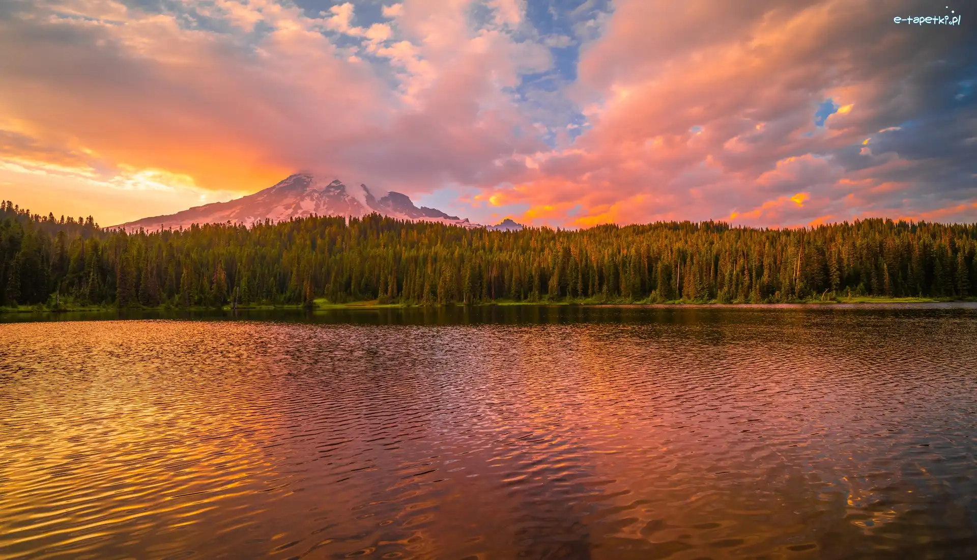 Zachód słońca, Drzewa, Stratowulkan Mount Rainier, Góra, Park Narodowy Mount Rainier, Stany Zjednoczone, Stan Waszyngton, Jezioro, Chmury
