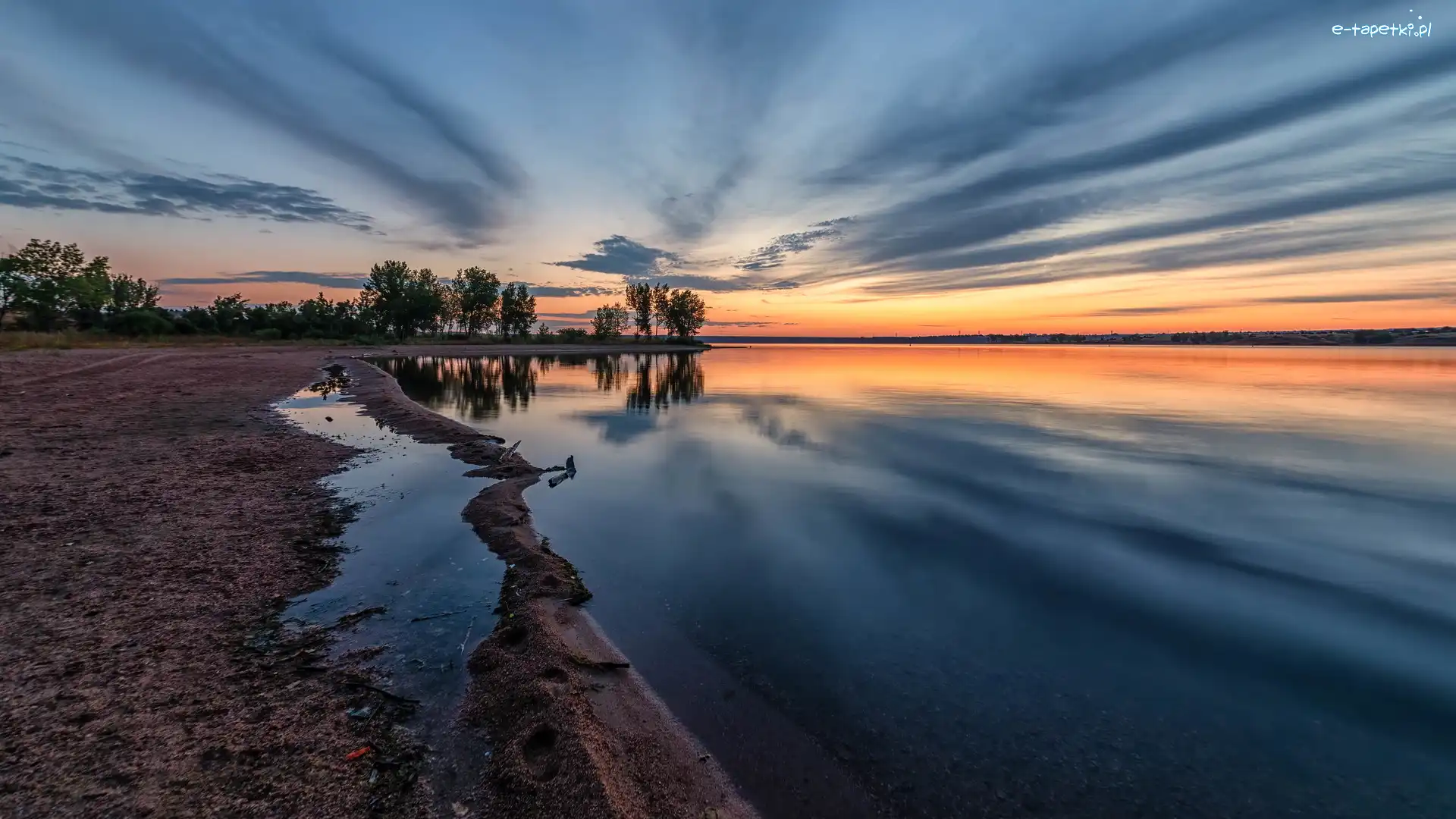 Stany Zjednoczone, Brzeg, Drzewa, Chatfield Lake, Jezioro, Kolorado, Wschód słońca