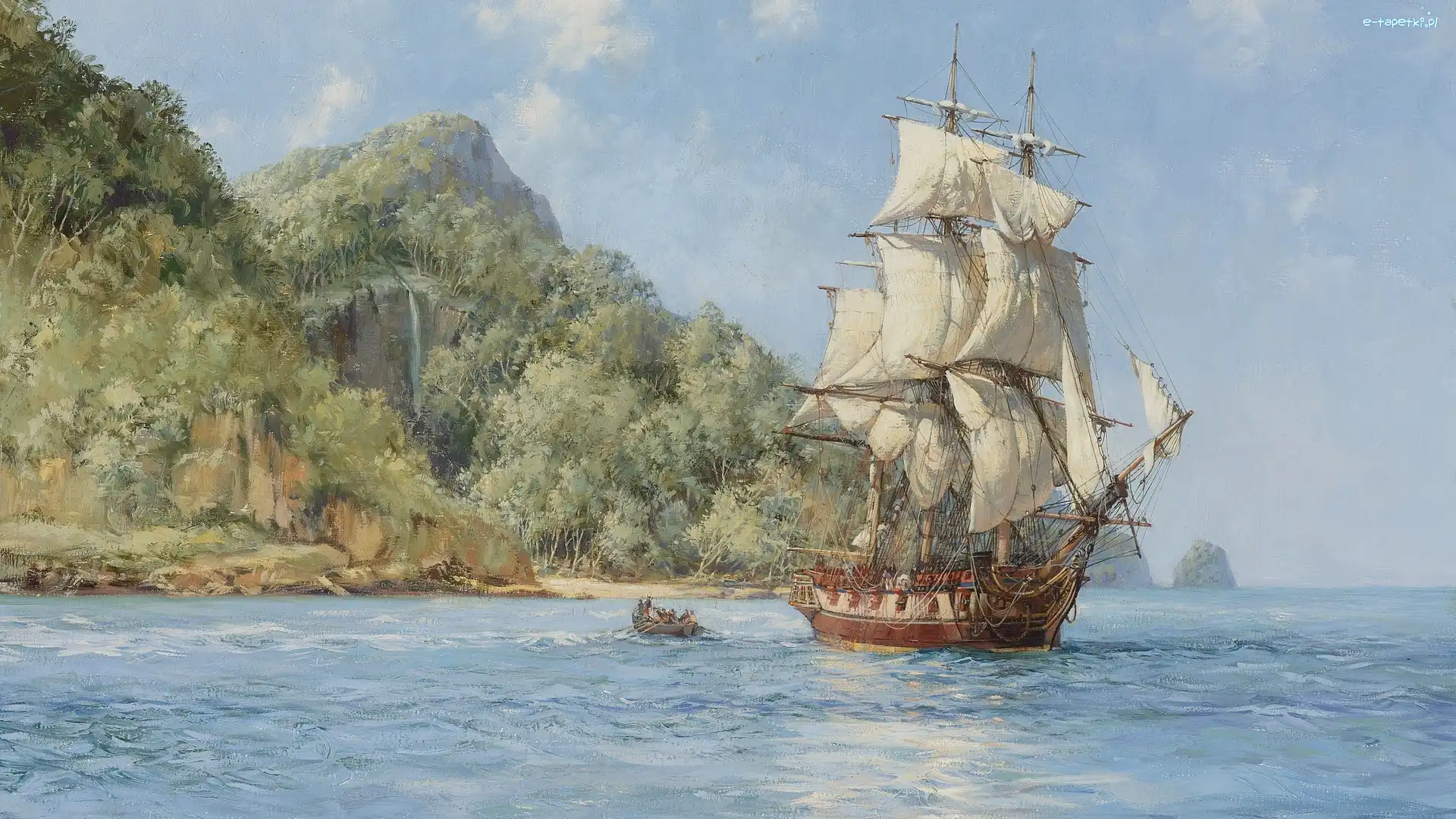 Roślinność, Montague Dawson, Żaglowiec, Obraz, Malarstwo, Skały, Morze