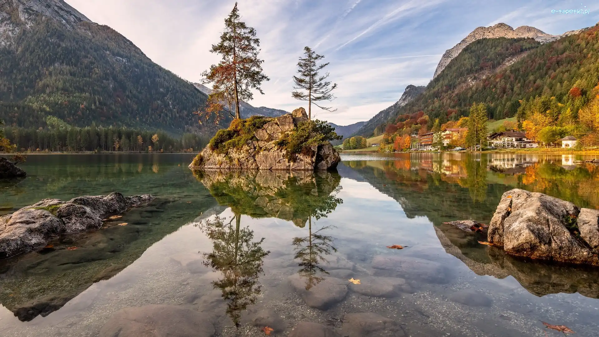 Drzewa, Jezioro Hintersee, Niemcy, Bawaria, Skały, Domy, Gmina Berchtesgaden, Góry