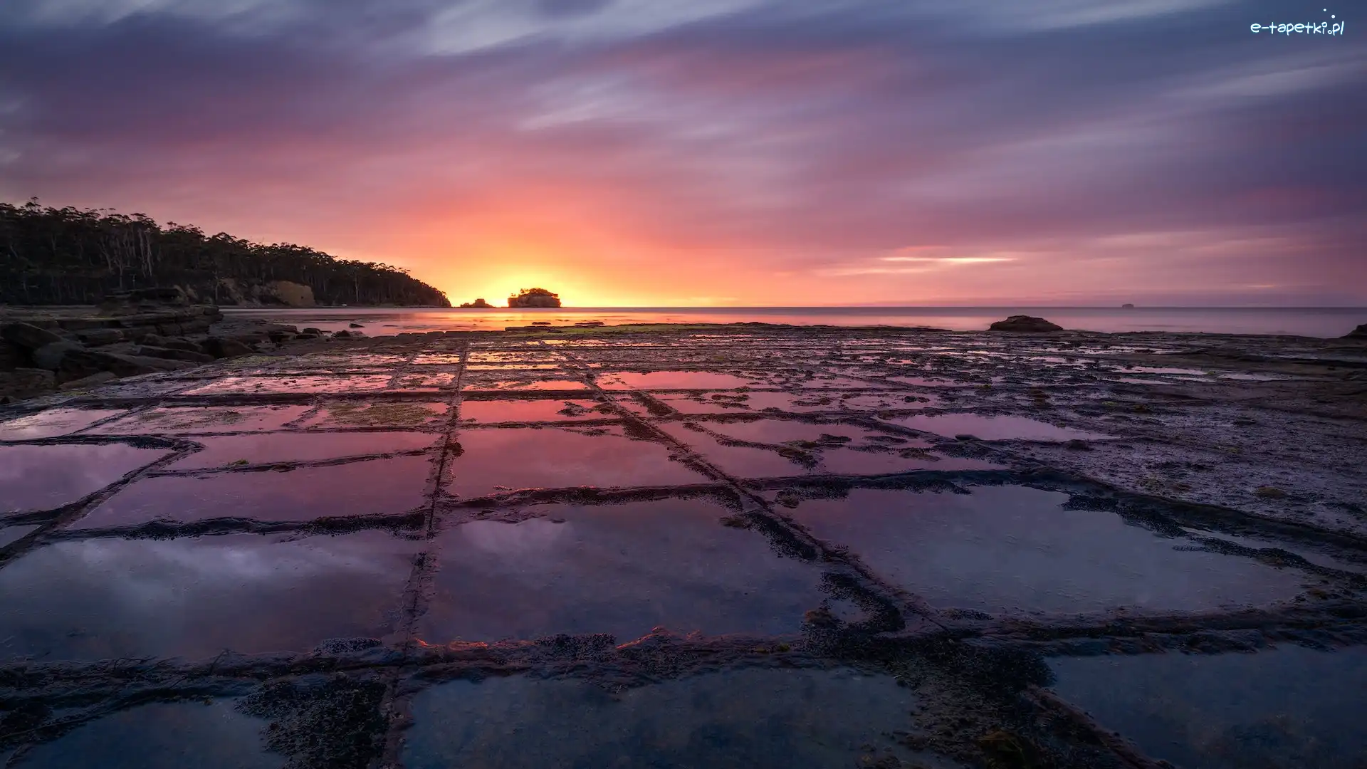 Tessellated Pavement, Morze, Australia, Tasmania, Mozaikowa skała,
Zatoka Piratów, Eaglehawk Neck, Wschód słońca