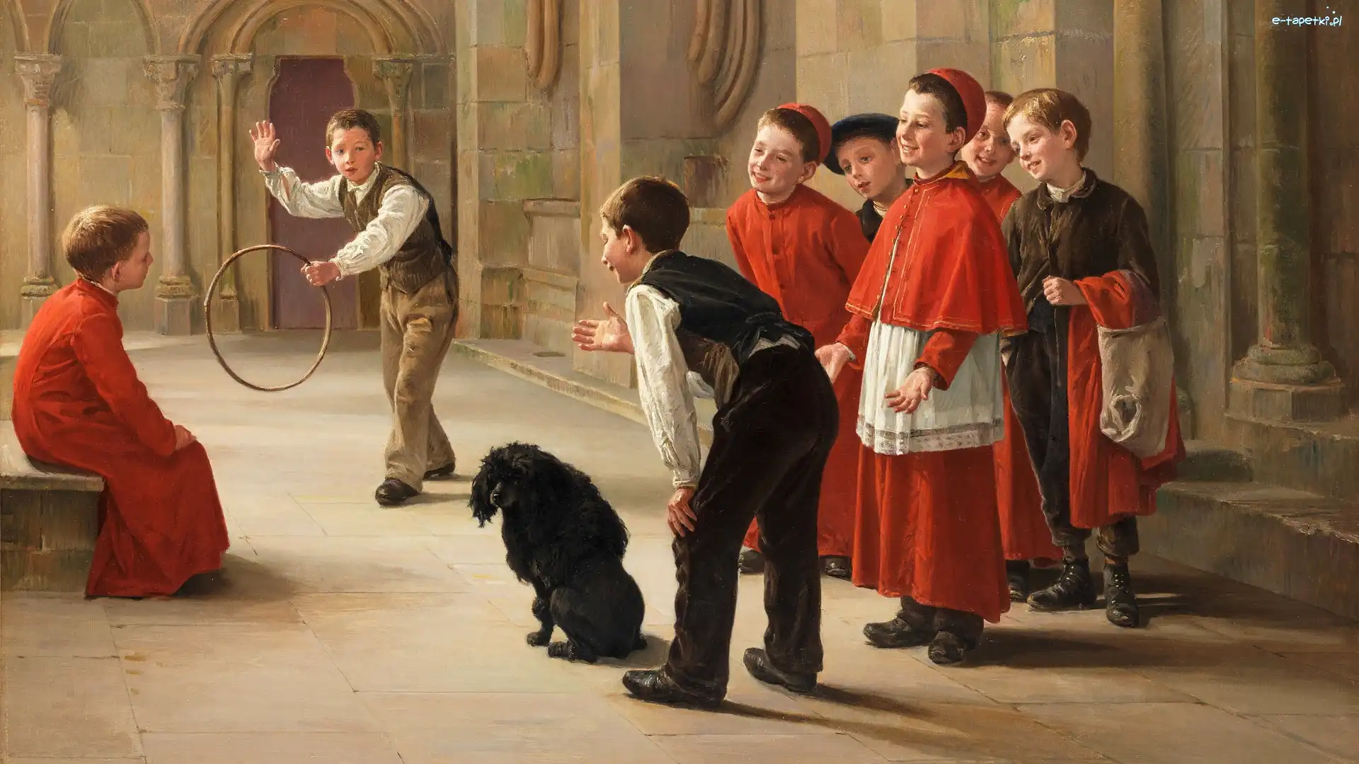 Pies, Obraz, Sztuczki, Chłopcy, Dzieci, Chórzyści, Ministranci, Malarstwo, Charles Bertrand dEntraygues, Zabawa