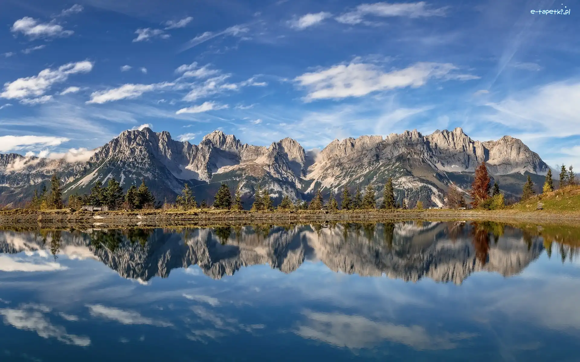 Hintersteinersee, Kaisergebirge, Austria, Tyrol, Jezioro, Drzewa, Odbicie, Góry
