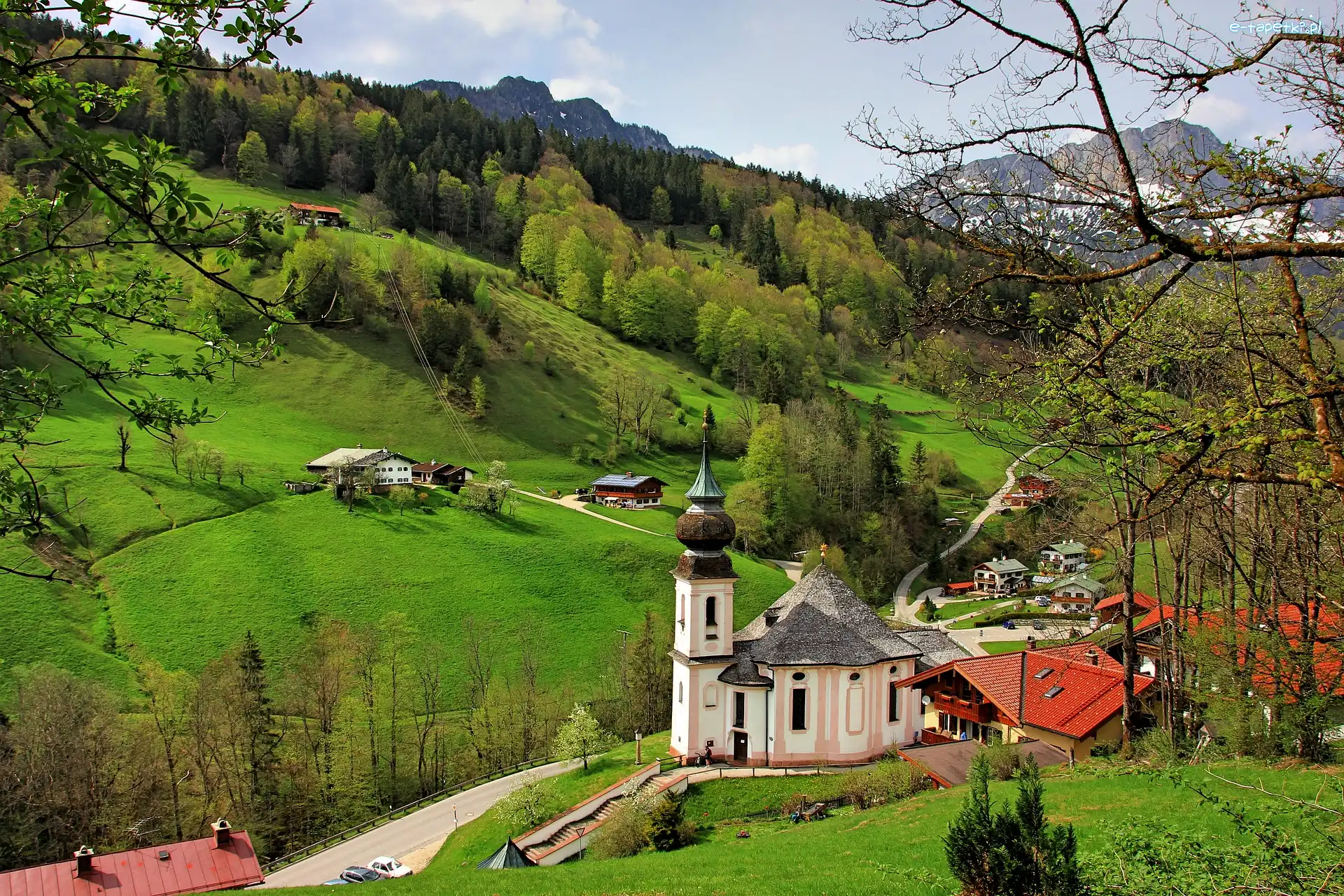 Drzewa, Lasy, Góry, Sanktuarium Maria Gern, Kościół, Niemcy, Bawaria, Alpy Salzburskie, Berchtesgaden