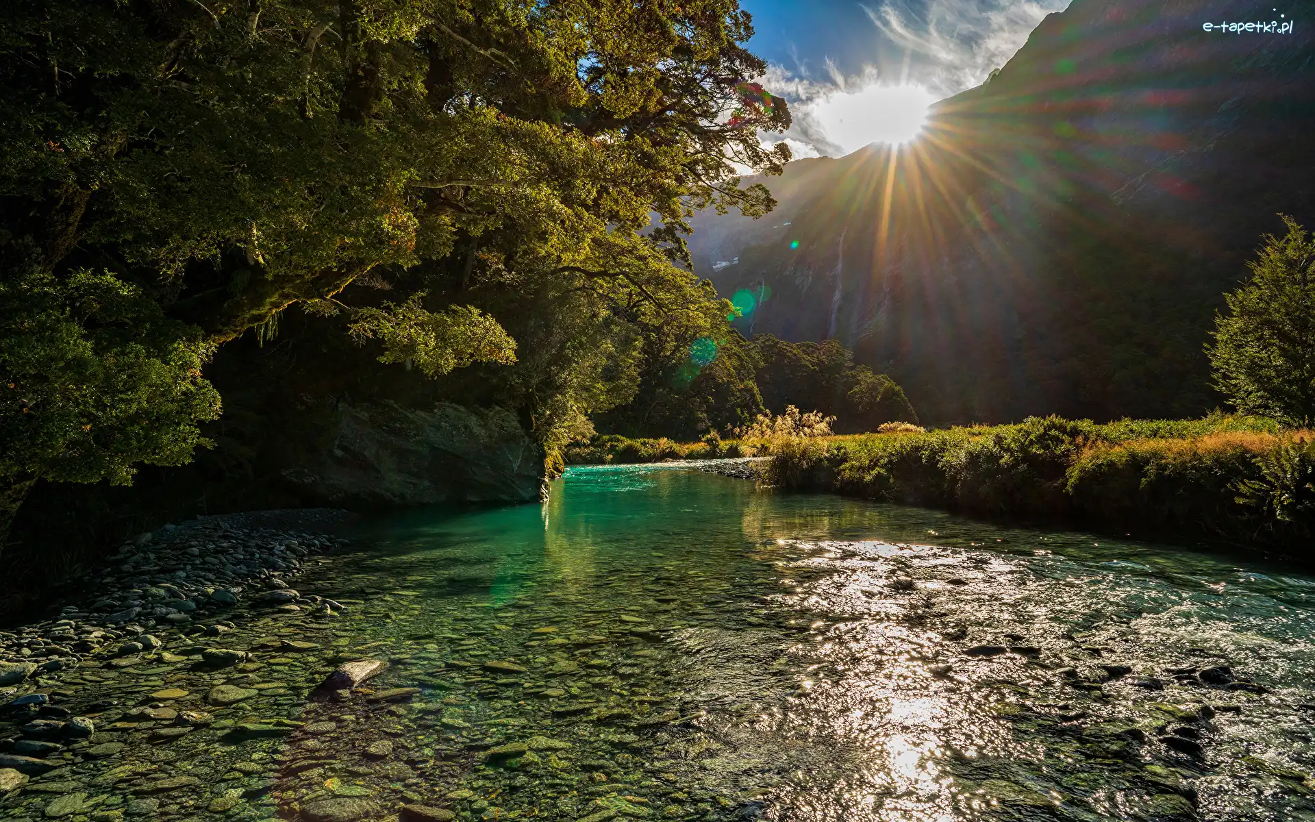 Poranek, Promienie słoneczne, Góry, Park Narodowy Mount Aspiring, Nowa Zelandia, Roślinność, Kamienie, Drzewa, Rzeka