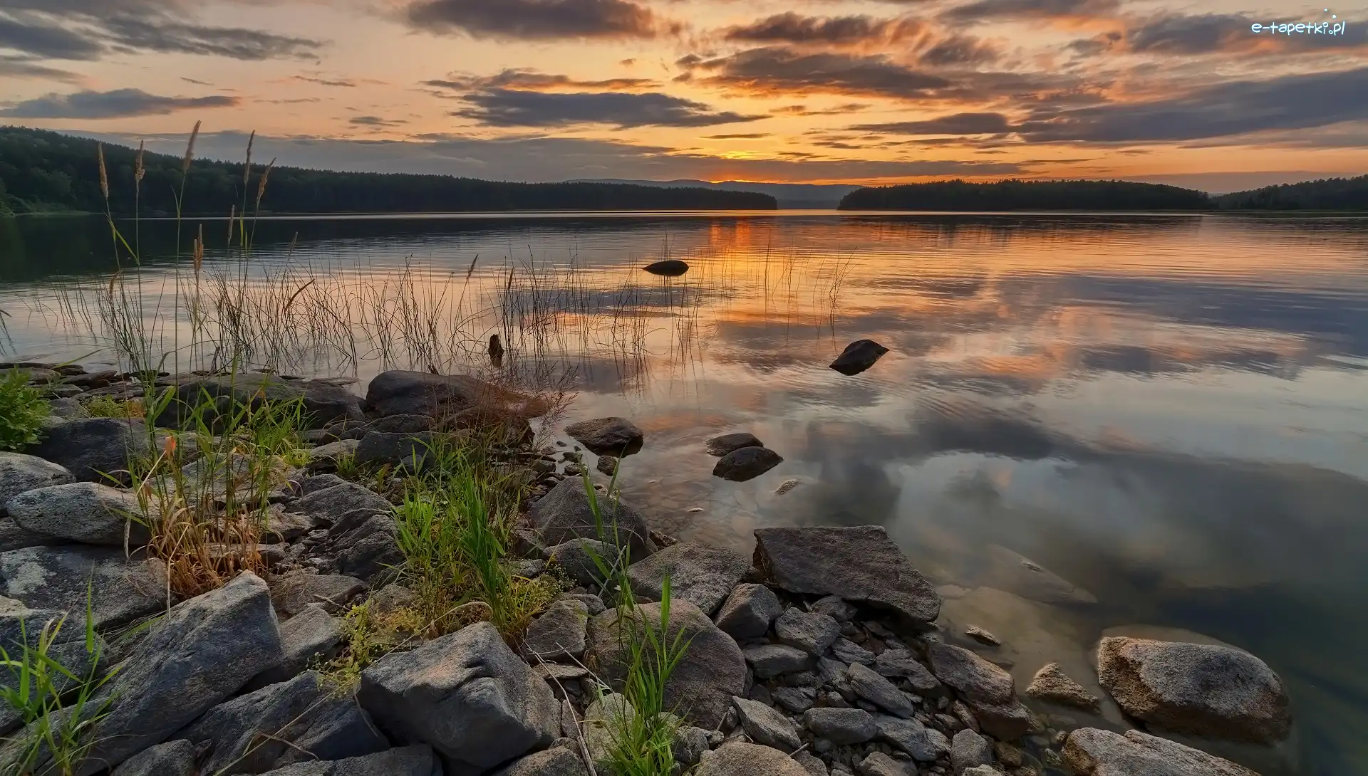 Jezioro, Trawa, Kamienie, Zachód słońca, Rośliny