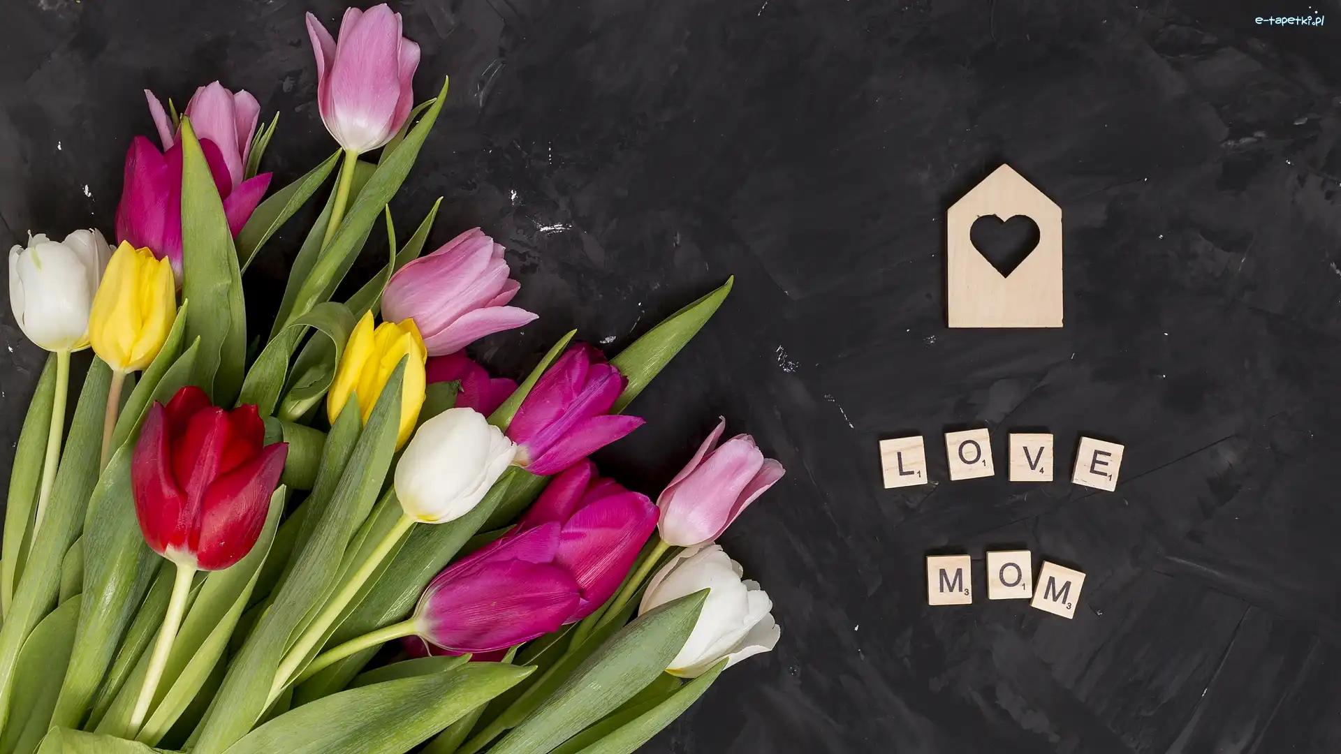 Tło, Love Mom, Kolorowe, Napis, Dzień Matki, Ciemne, Tulipany