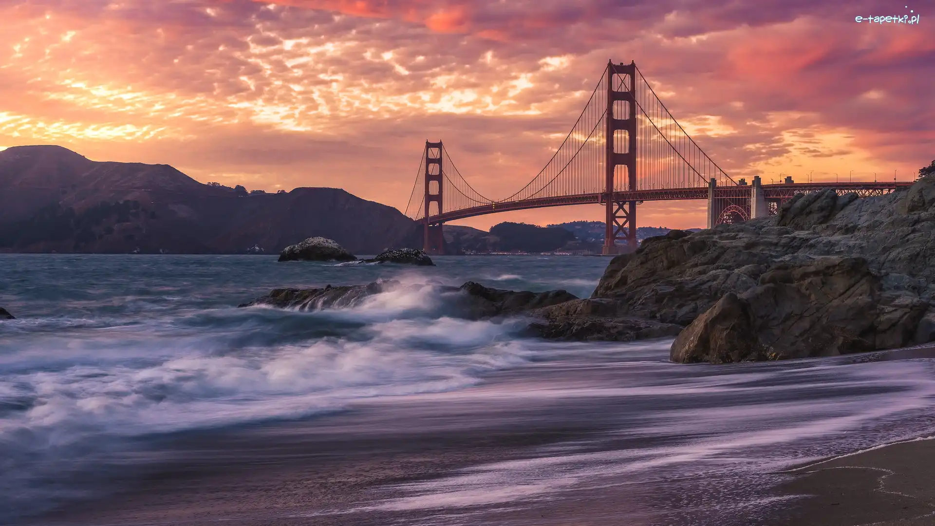 Cieśnina Golden Gate, Fale, Golden Gate, Most, Zachód słońca, Stany Zjednoczone, Kalifornia, Skały, San Francisco