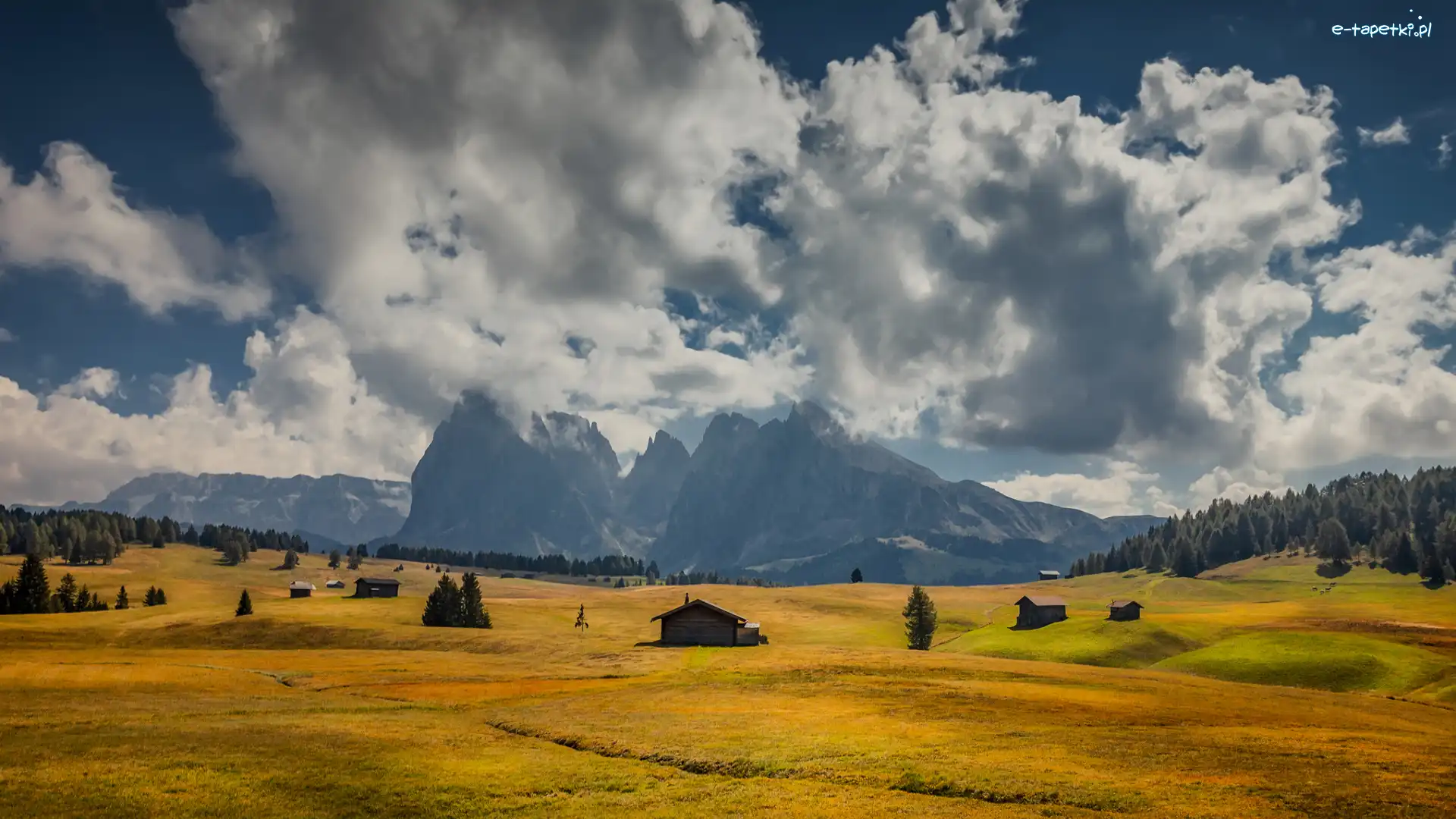 Domy, Drzewa, Płaskowyż Seiser Alm, Dolomity, Góry Sassolungo, Włochy, Chmury, Dolina Val Gardena, Łąki