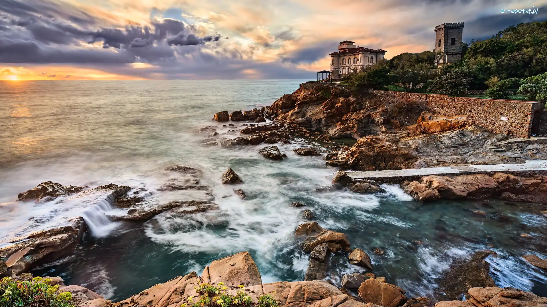Morze, Castello del Boccale, Włochy, Toskania, Zachód słońca, Skały, Livorno, Zamek Boccale