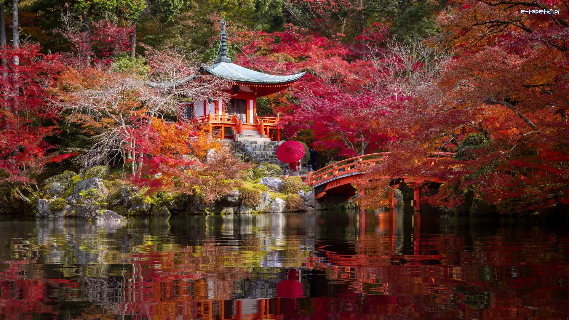 Ogród, Kompleks, Benten-do, Staw, Jesień, Kioto, Daigo-ji, Drzewa, Most, Japonia, Park, Świątynia