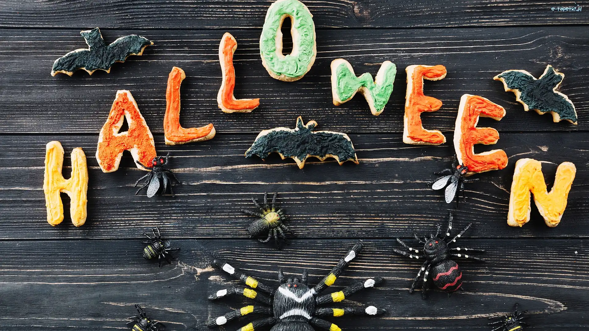Ciasteczka, Halloween, Napis, Nietoperze, Pająki