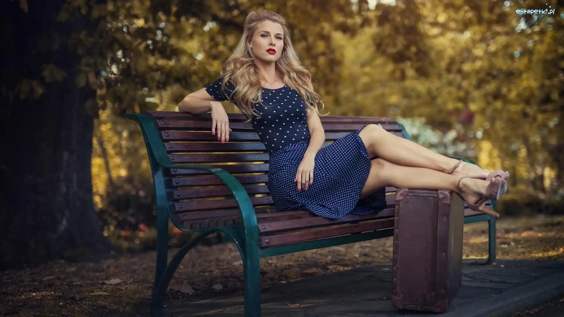 Kobieta, Ławka, Blondynka, Park, Walizka