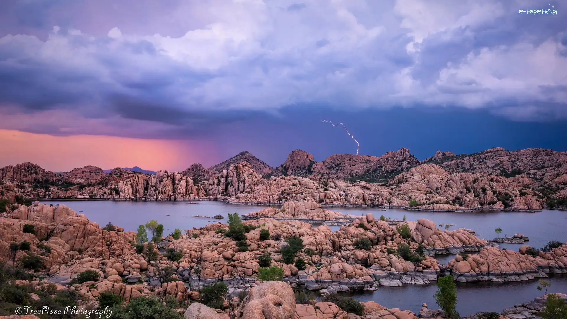 Chmury, Jezioro, Stany Zjednoczone, Arizona, Watson Lake, Piorun, Prescott, Skały