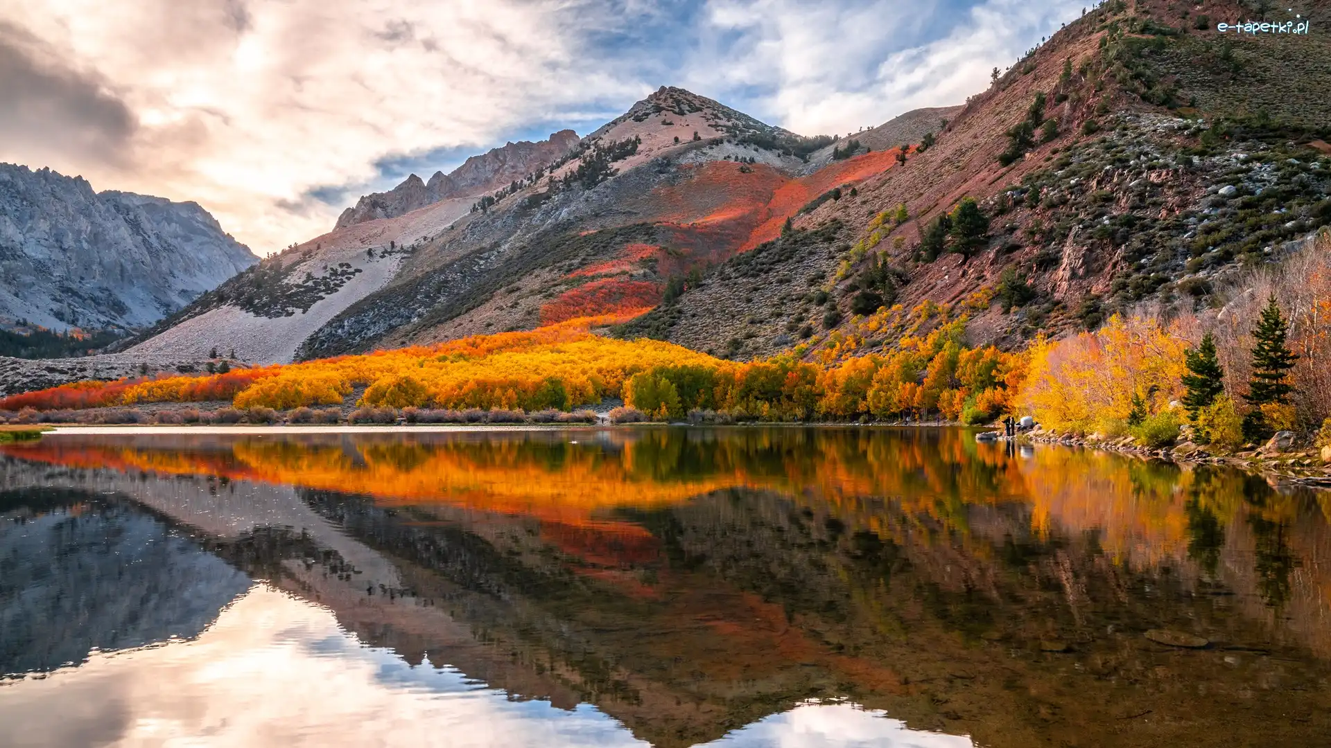 Jezioro, Kalifornia, Jesień, Chmury, Góry, Drzewa, Wschód słońca, Stany Zjednoczone, Eastern Sierra, North Lake