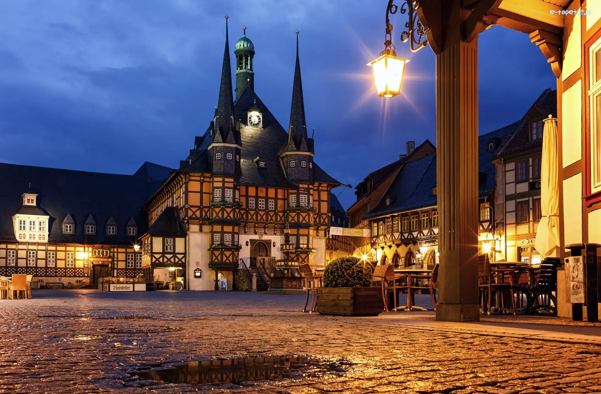 Niemcy, Rynek, Ratusz, Wernigerode, Miasto, Noc, Światła