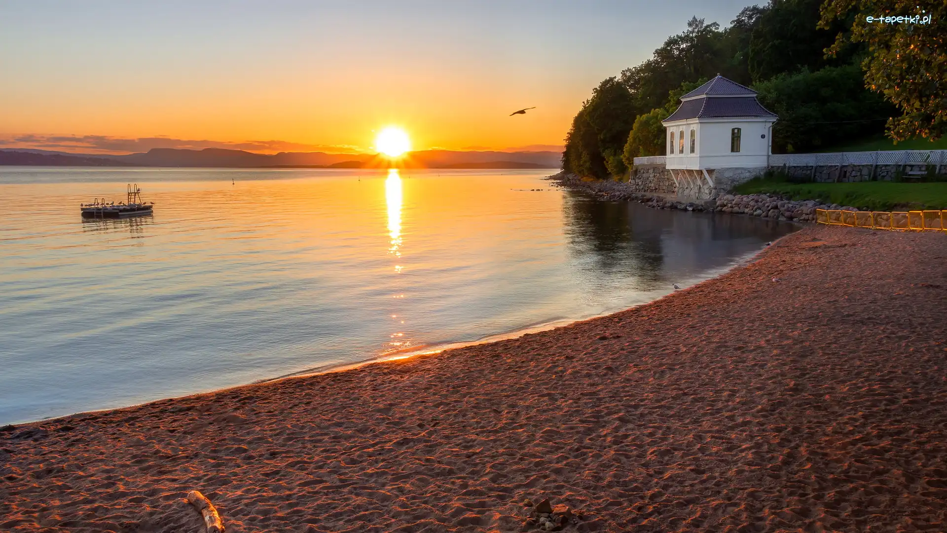 Teren, Pawilon, Bunnefjorden, Fiord, Zachód słońca, Norwegia, Oslo, Budynek, Hvervenbukta