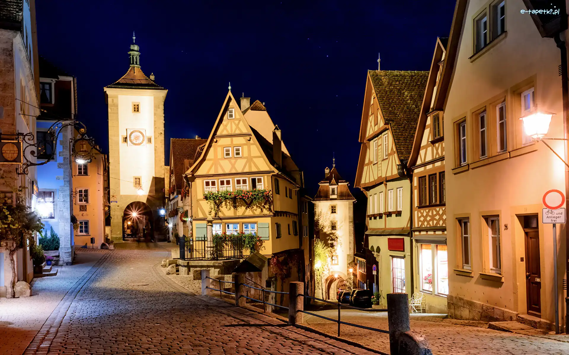 Latarnie, Rothenburg ob der Tauber, Domy, Bawaria, Niemcy, Ulica, Noc
