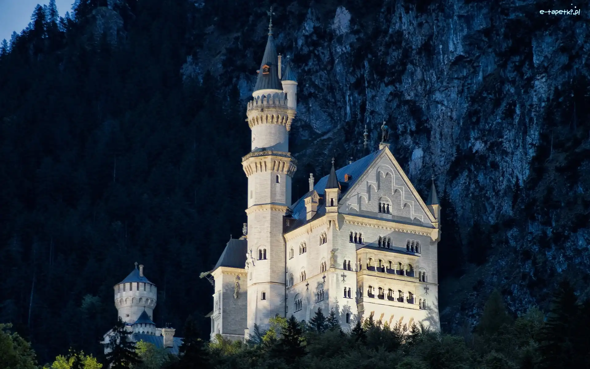 Noc, Schwangau, Niemcy, Bawaria, Zamek Neuschwanstein, Drzewa, Skały