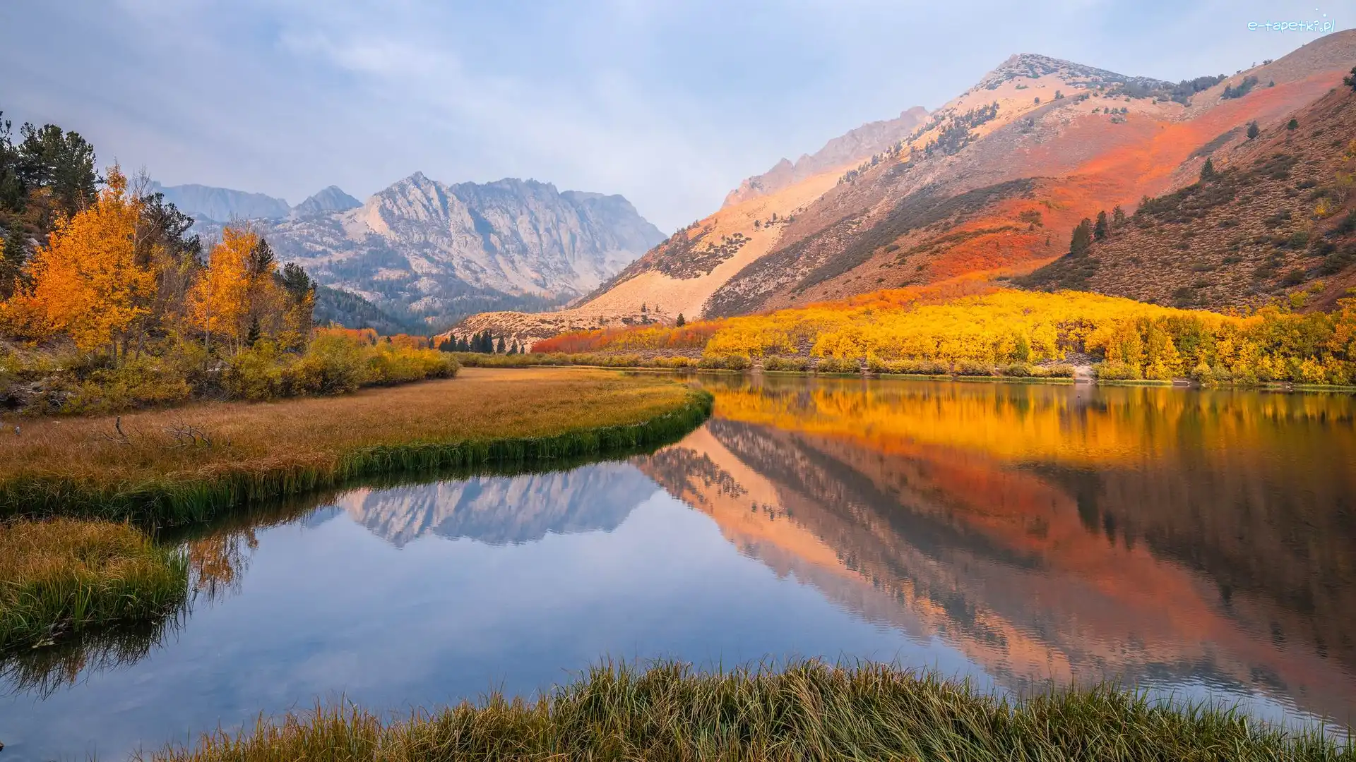 Jezioro, Drzewa, Eastern Sierra, Region, Jesień, Stany Zjednoczone, Kalifornia, Góry, North Lake