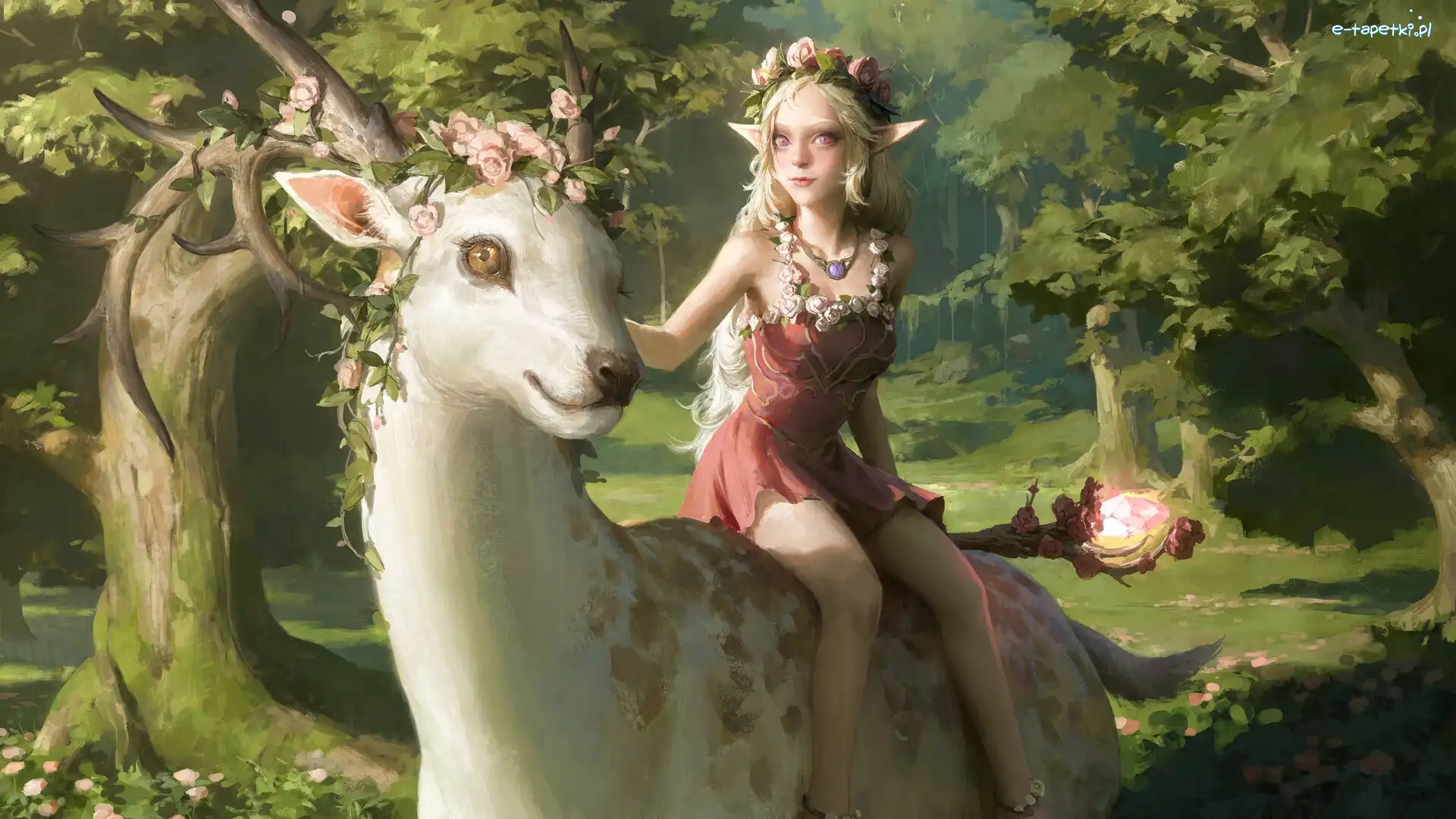 Rogi, Biały, Fantasy, Las, Jeleń, Dziewczyna, Elf, Grafika