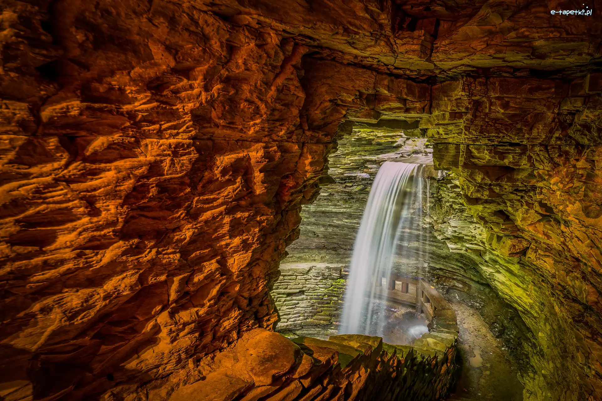 Nowy Jork, Wodospad, Cavern Cascade, Stany Zjednoczone, Skały, Watkins Glen State Park