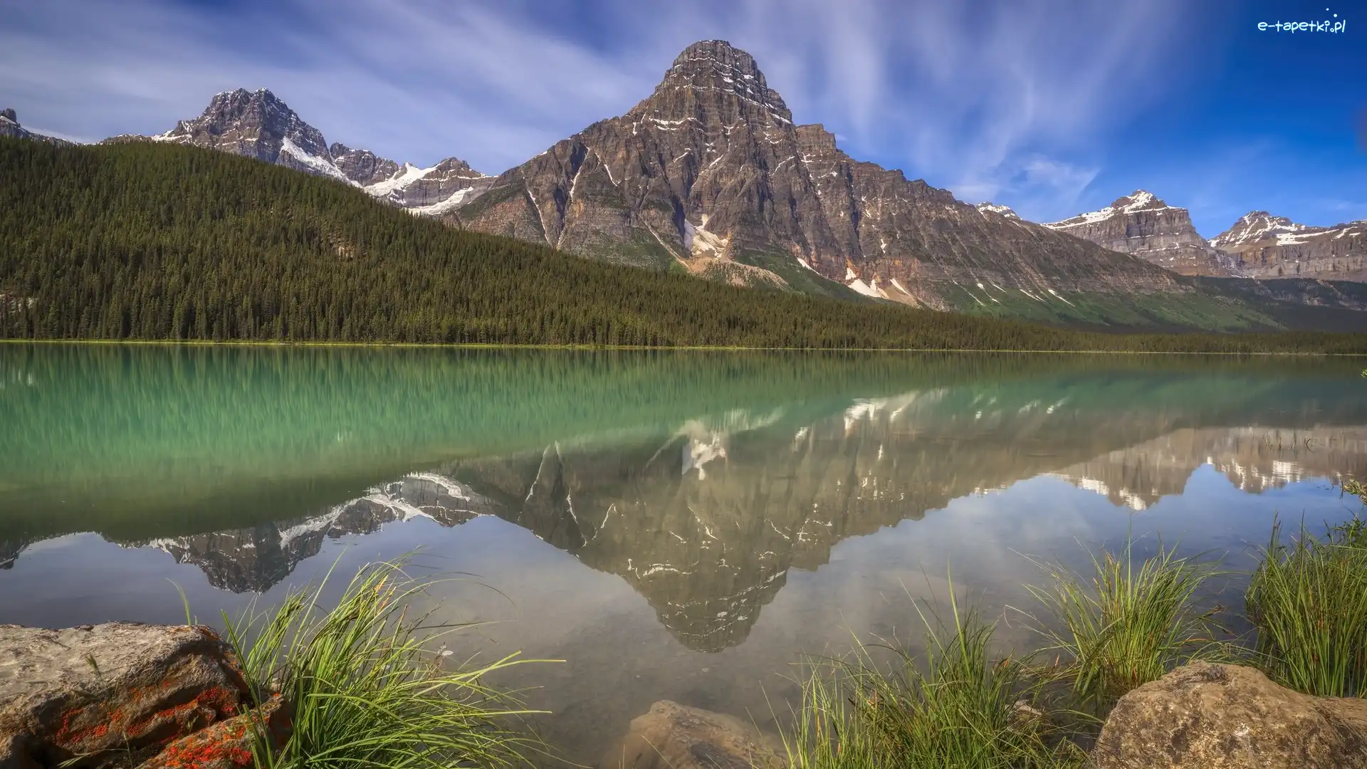 Park Narodowy Banff, Mount Chephren, Kanada, Drzewa, Waterfowl Lake, Rośliny, Kamienie, Góra, Jezioro, Alberta